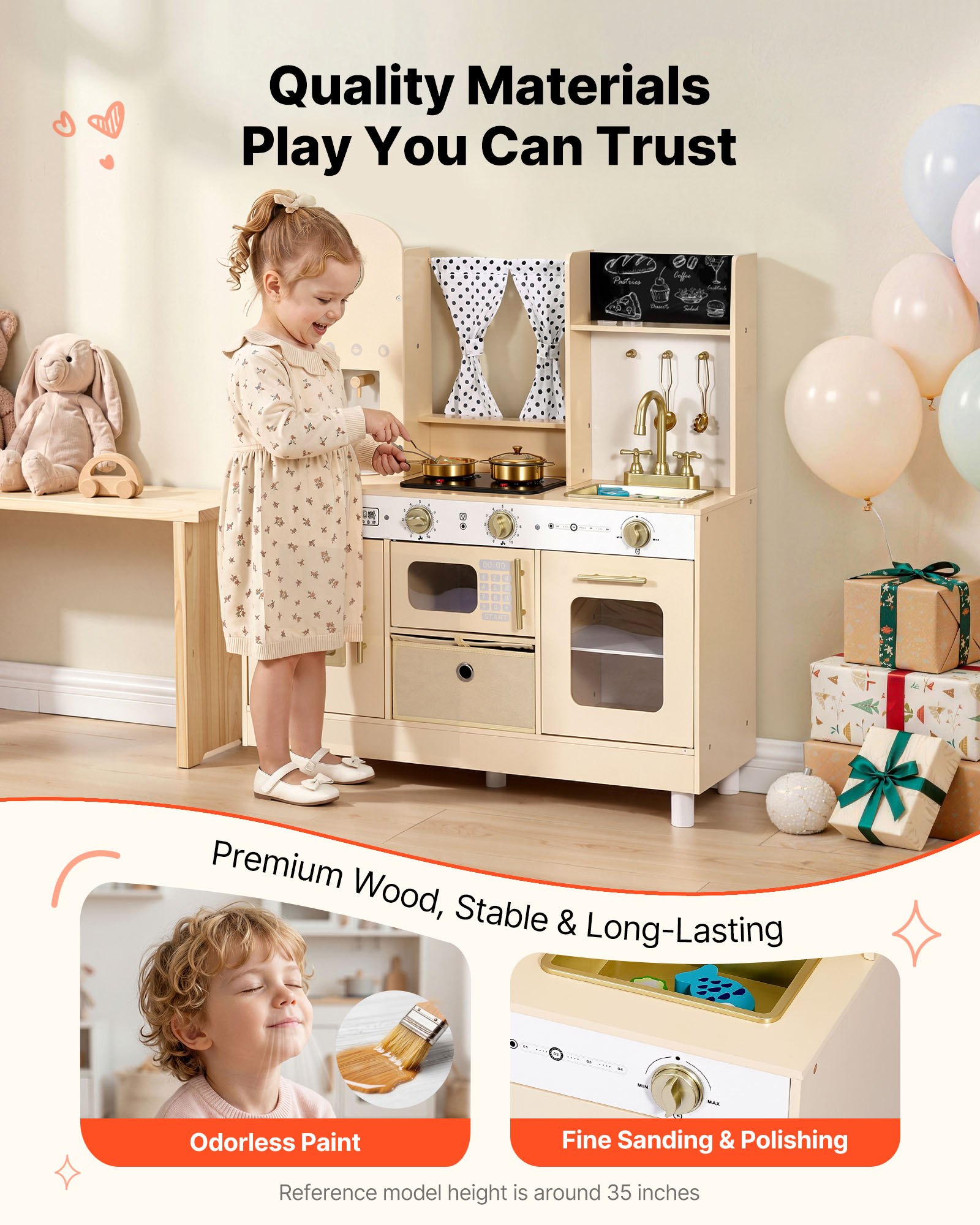VEVOR Speelkeuken voor kinderen, moderne kinderkeuken met licht en geluid, houten keuken met fornuis, oven, gootsteen, magnetron, ijsdispenser en drankdispenser, keukenspeelgoed met kookset voor kinderen vanaf 3 jaar, beige