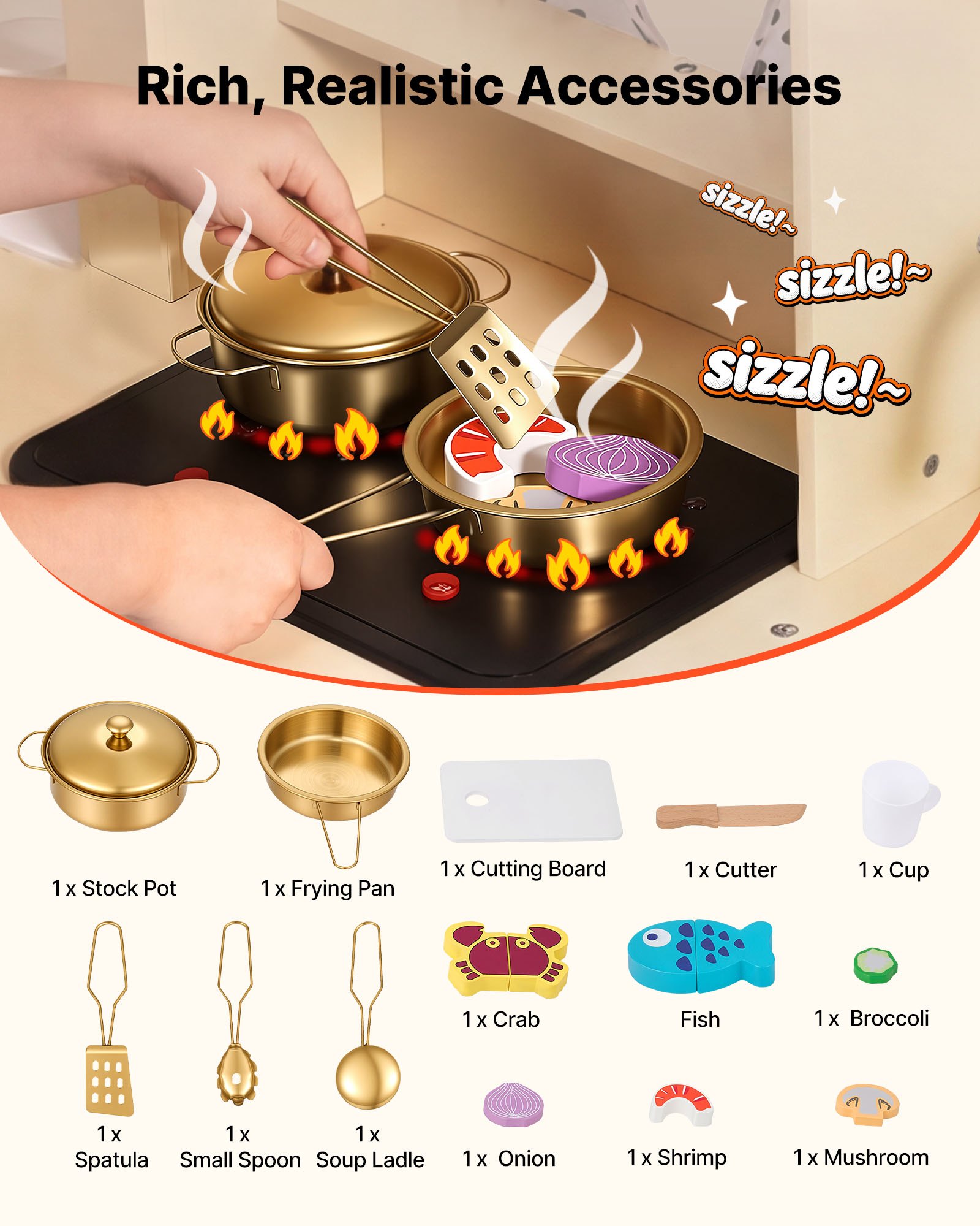 VEVOR Speelkeuken voor kinderen, moderne kinderkeuken met licht en geluid, houten keuken met fornuis, oven, gootsteen, magnetron, ijsdispenser en drankdispenser, keukenspeelgoed met kookset voor kinderen vanaf 3 jaar, beige