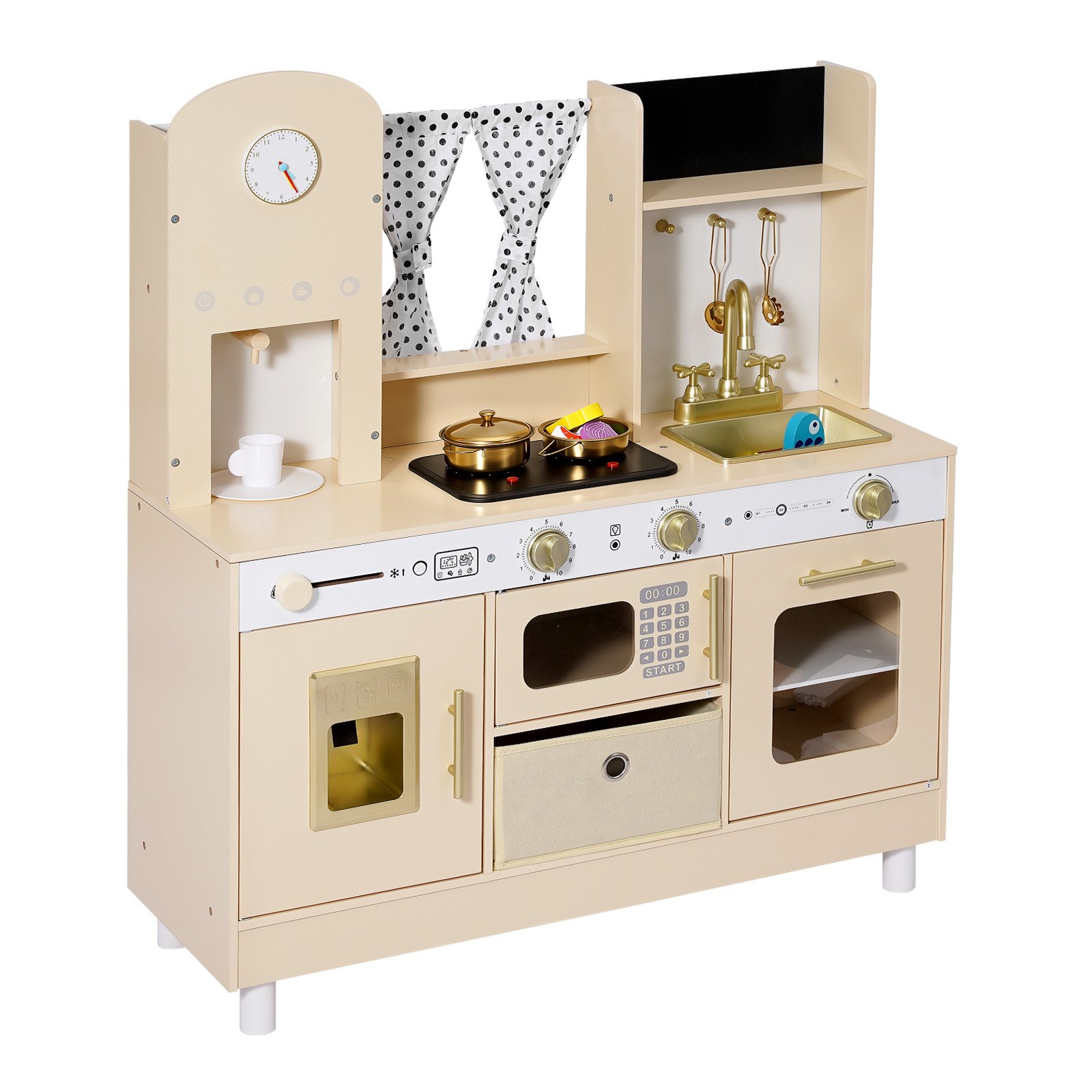 VEVOR Speelkeuken voor kinderen, moderne kinderkeuken met licht en geluid, houten keuken met fornuis, oven, gootsteen, magnetron, ijsdispenser en drankdispenser, keukenspeelgoed met kookset voor kinderen vanaf 3 jaar, beige