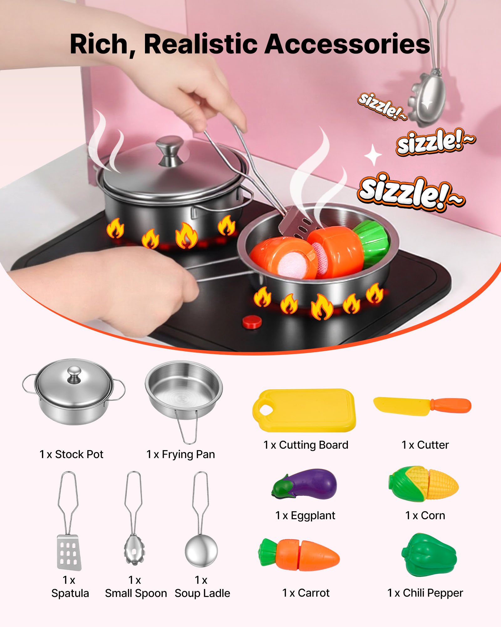 VEVOR Speelkeuken voor Kinderen, Houten Kinderkeuken met Licht & Geluid, Houten Keuken met Fornuis, Oven, Spoelbak, Magnetron, IJsdispenser & Drankdispenser, Keukenspeelgoed met Kookset voor Kinderen vanaf 3 jaar, Roze