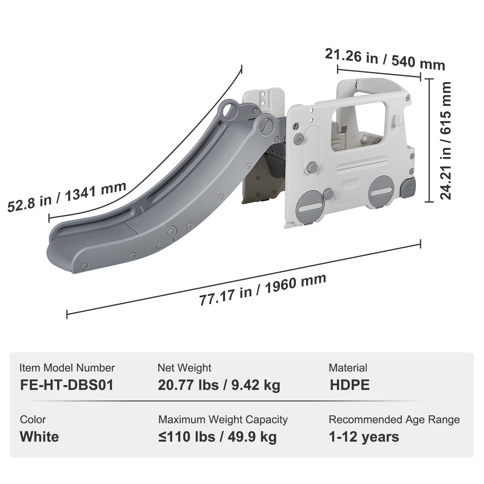VEVOR Kinderglijbaan Fun-Slide Kinderglijbaan HDPE Tuinglijbaan Max. 50 kg Peuterglijbaan voor 1-12 jaar Babyglijbaan Speelgoed Binnen- en buitenglijbaan met glijbaanuitloop Wit 1960 x 540 x 615 mm