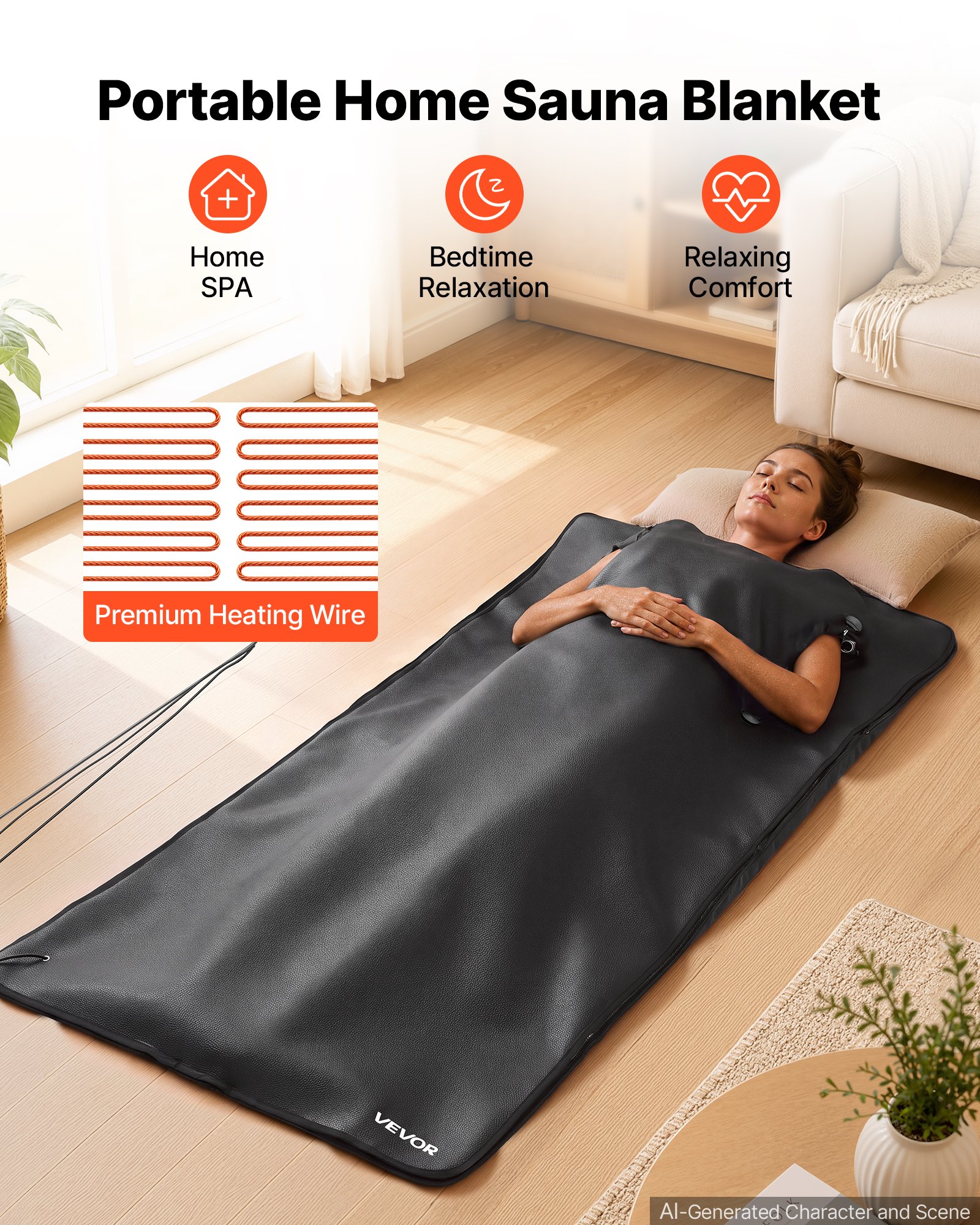 VEVOR infrarood saunadeken met armgaten, 180x90cm, zwart, draagbare verwarmde deken voor zweten, ontspanning, detox, temperatuurregeling, timer, handdoekvoering, PU-leer, met draagtas