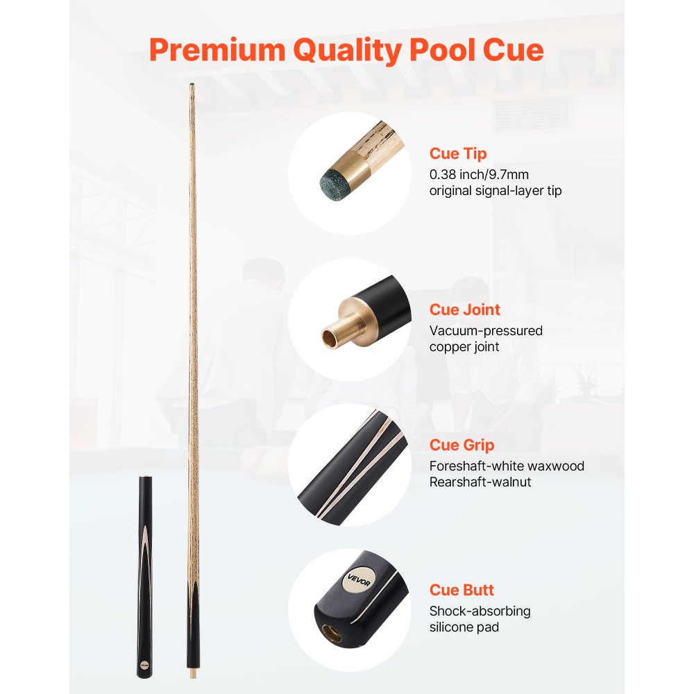 VEVOR Pool Cue, 57 inch Jointed Snooker Cue, Snooker Cues Stick with Extension Rod & 0.38 inch Leather Tip, 19 oz Pools Stick for Professional Pool Table, Bar, Home, Office, Includes Wooden Case