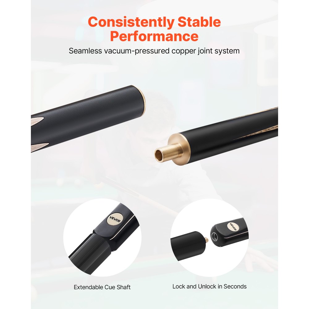 VEVOR Pool Cue, 57 inch Jointed Snooker Cue, Snooker Cues Stick with Extension Rod & 0.38 inch Leather Tip, 19 oz Pools Stick for Professional Pool Table, Bar, Home, Office, Includes Wooden Case