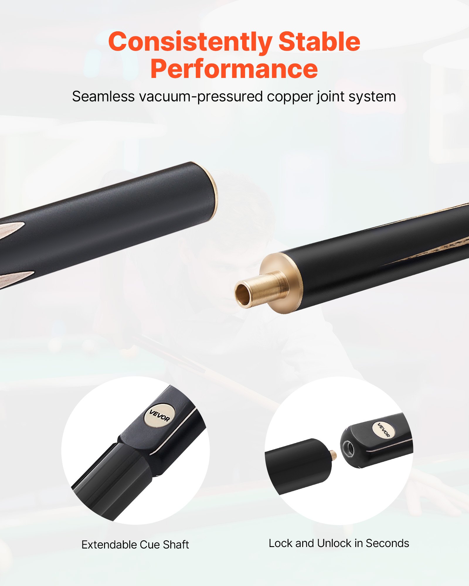 VEVOR Pool Cue, 57 inch Jointed Snooker Cue, Snooker Cues Stick with Extension Rod & 0.38 inch Leather Tip, 19 oz Pools Stick for Professional Pool Table, Bar, Home, Office, Includes Wooden Case