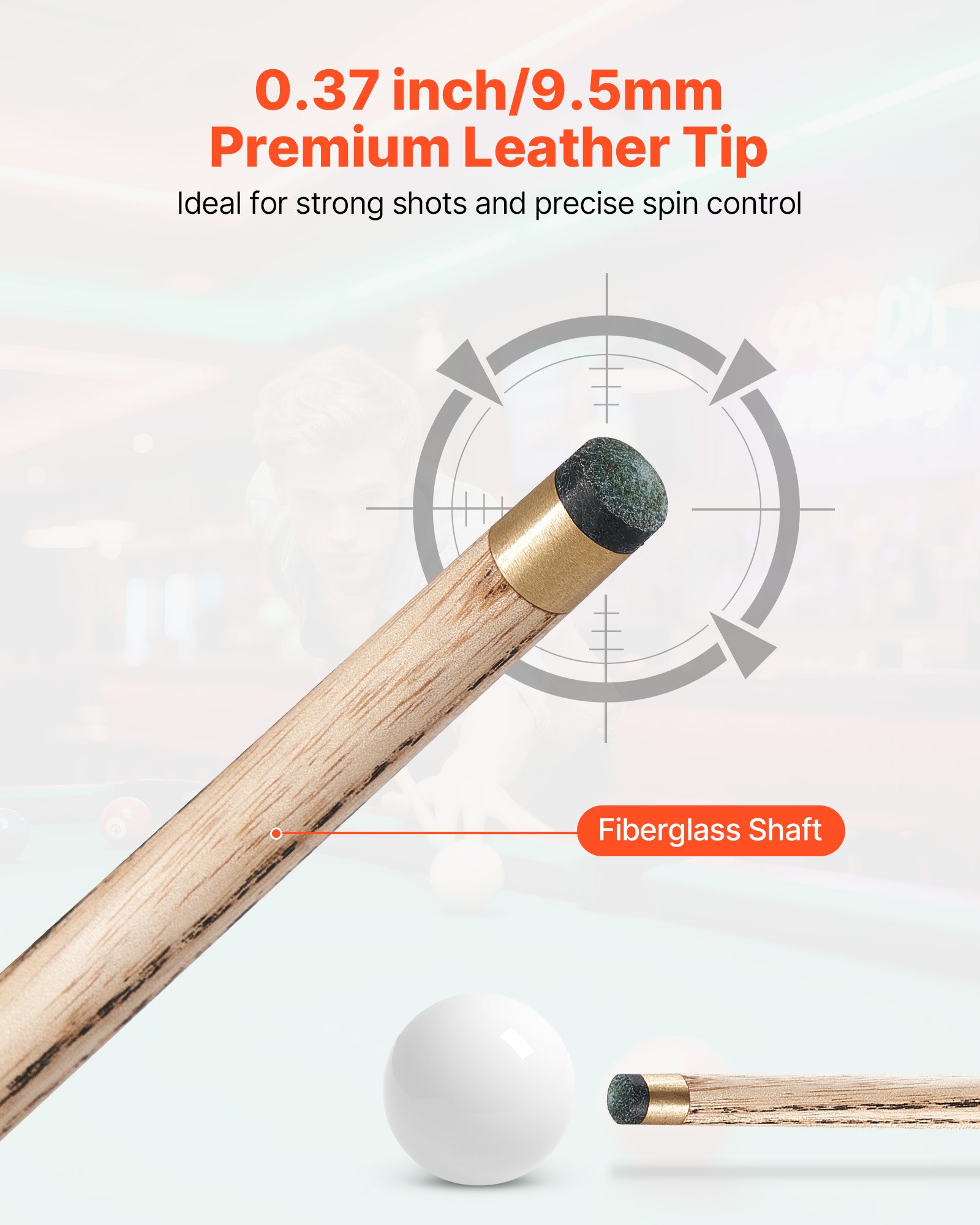 VEVOR snookerkeu (1447,8 mm / 540 g) met verlengstuk, lederen tip, aluminium koffer en handdoek; geschikt voor professionele pooltafels, bars, thuis en op kantoor.