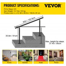VEVOR Stair Railing Kit, 5 FT Handrails for Outdoor 0-5 Steps, Adjustable Angle Black Aluminum Stair Handrail, Indoor & Outdoor Stairs for the Elderly