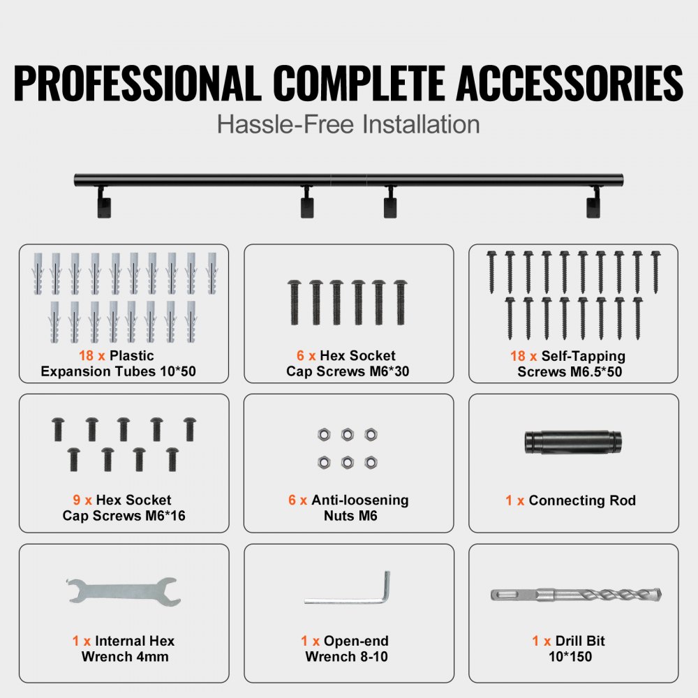 VEVOR Handrail Stair Railing, 12 ft, Wall Mount Handrails for Indoor Stairs, Thickened Aluminum Alloy Hand Rail with Installation Kit, 440 LBS Load Capacity Stairway Railing for Outdoor Stairs