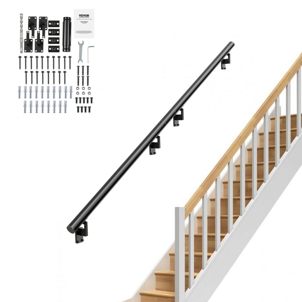 VEVOR Handrail Stair Railing, 12 ft, Wall Mount Handrails for Indoor Stairs, Thickened Aluminum Alloy Hand Rail with Installation Kit, 440 LBS Load Capacity Stairway Railing for Outdoor Stairs