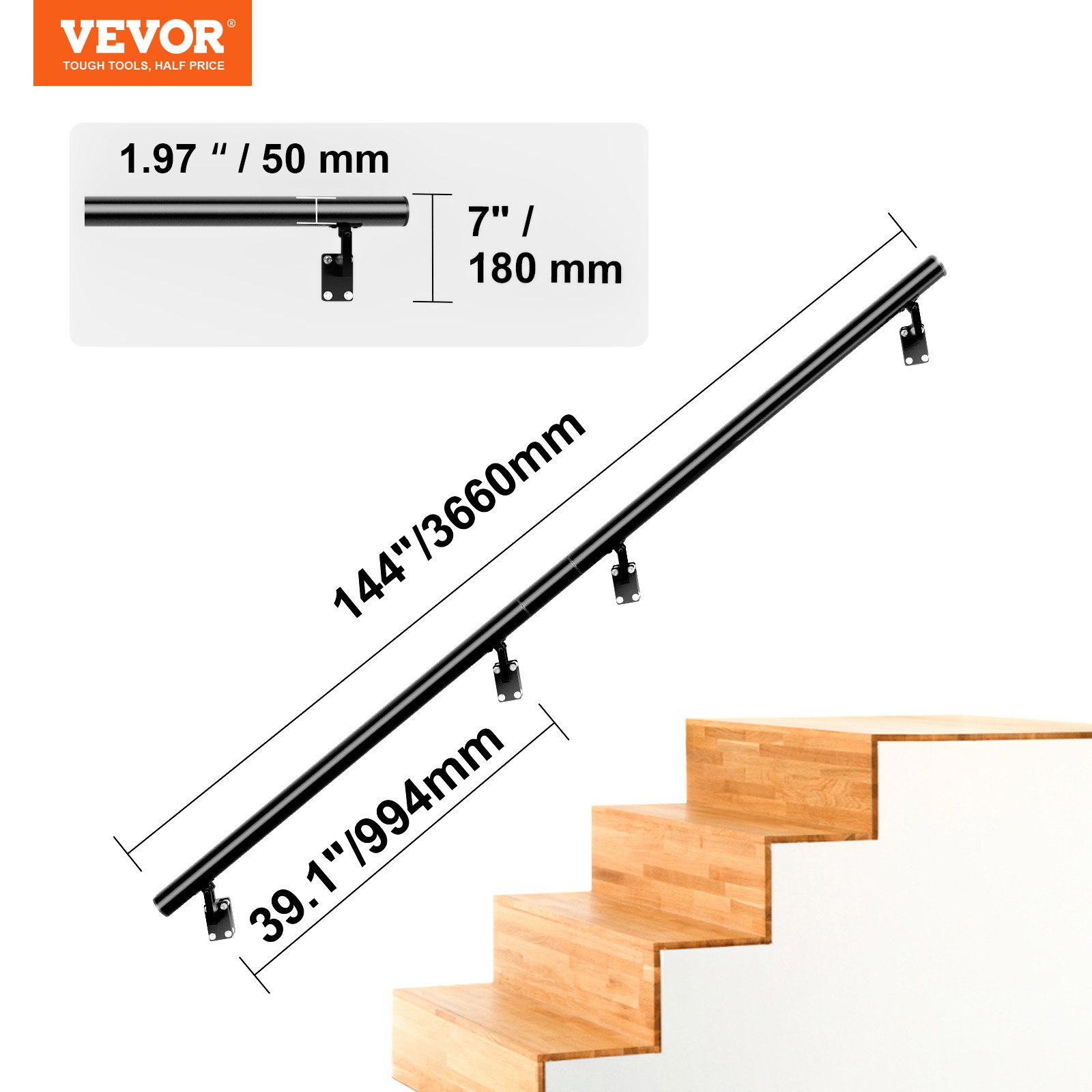 VEVOR Handrail Stair Railing, 12 ft, Wall Mount Handrails for Indoor Stairs, Thickened Aluminum Alloy Hand Rail with Installation Kit, 440 LBS Load Capacity Stairway Railing for Outdoor Stairs