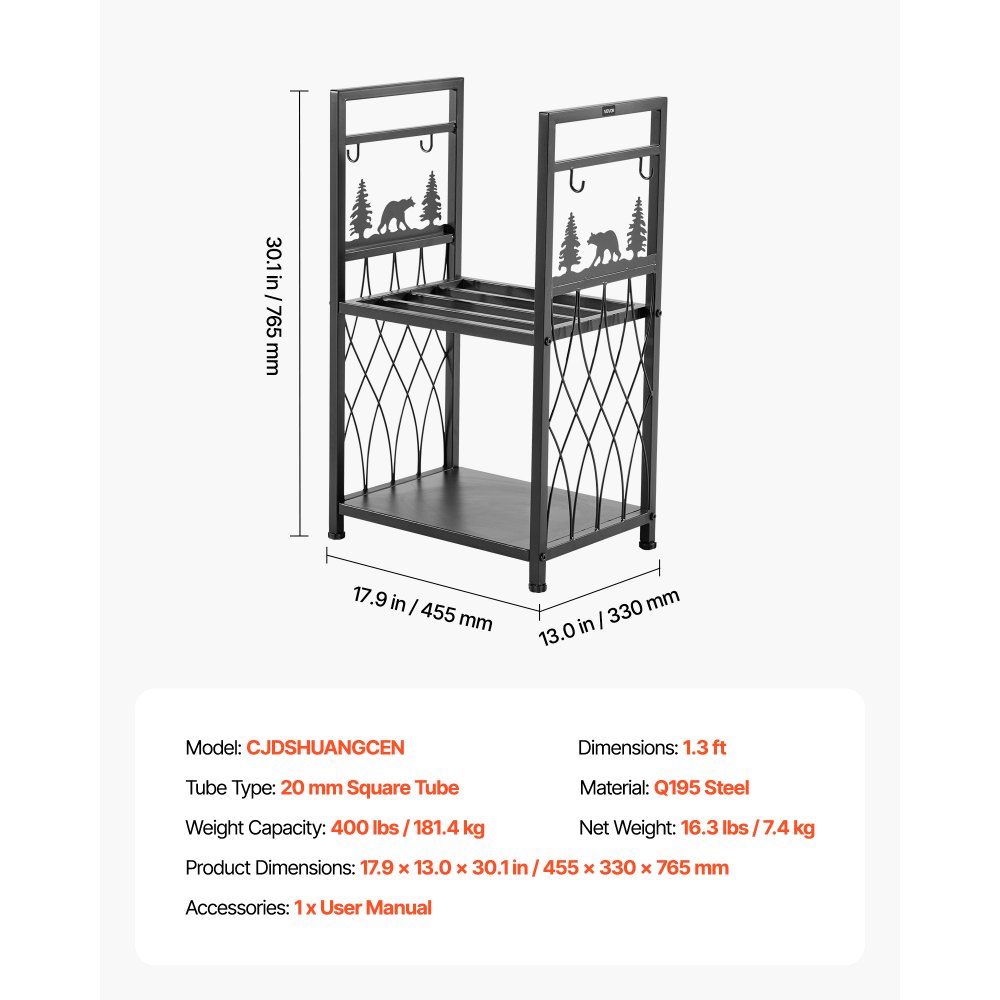 VEVOR Haardhoutrek, 455 x 330 x 765 mm, 2-laags haardhouthouder met haardgereedschap, borstel, schep, pook, tang, haardhoutrek, draagvermogen 181 kg, haardhoutrek voor open haard