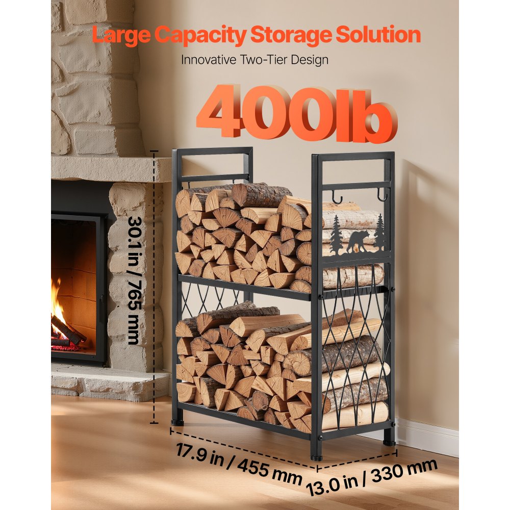 VEVOR Haardhoutrek, 455 x 330 x 765 mm, 2-laags haardhouthouder met haardgereedschap, borstel, schep, pook, tang, haardhoutrek, draagvermogen 181 kg, haardhoutrek voor open haard