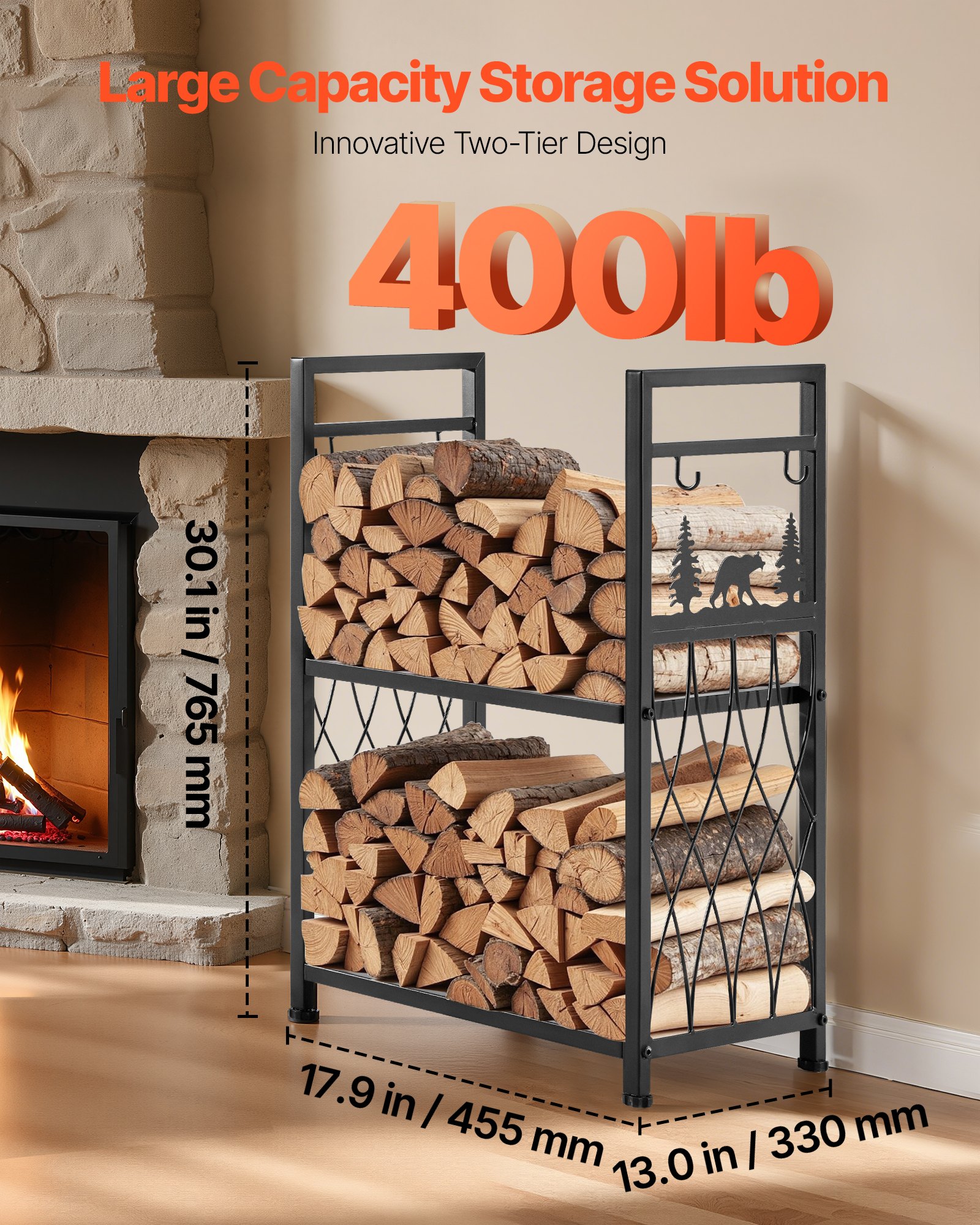 VEVOR Haardhoutrek, 455 x 330 x 765 mm, 2-laags haardhouthouder met haardgereedschap, borstel, schep, pook, tang, haardhoutrek, draagvermogen 181 kg, haardhoutrek voor open haard