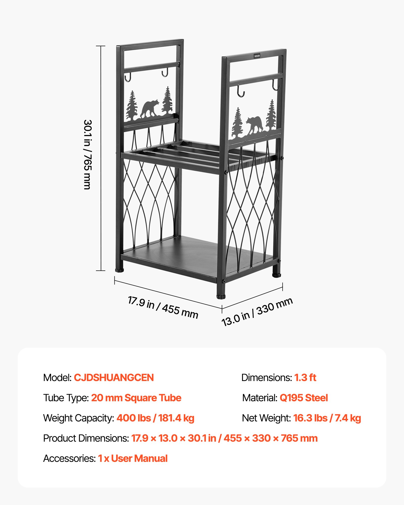 VEVOR Haardhoutrek, 455 x 330 x 765 mm, 2-laags haardhouthouder met haardgereedschap, borstel, schep, pook, tang, haardhoutrek, draagvermogen 181 kg, haardhoutrek voor open haard
