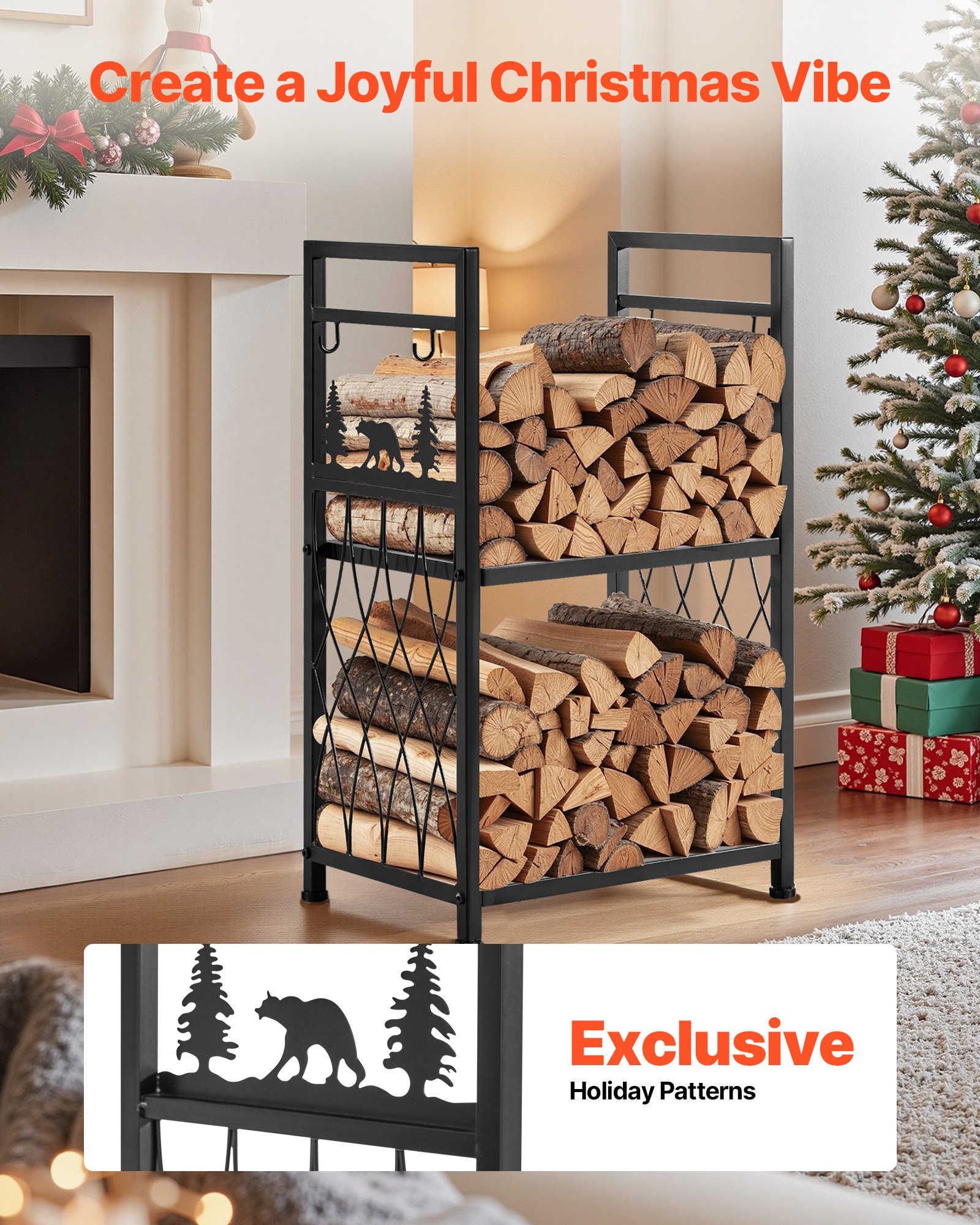 VEVOR Haardhoutrek, 455 x 330 x 765 mm, 2-laags haardhouthouder met haardgereedschap, borstel, schep, pook, tang, haardhoutrek, draagvermogen 181 kg, haardhoutrek voor open haard