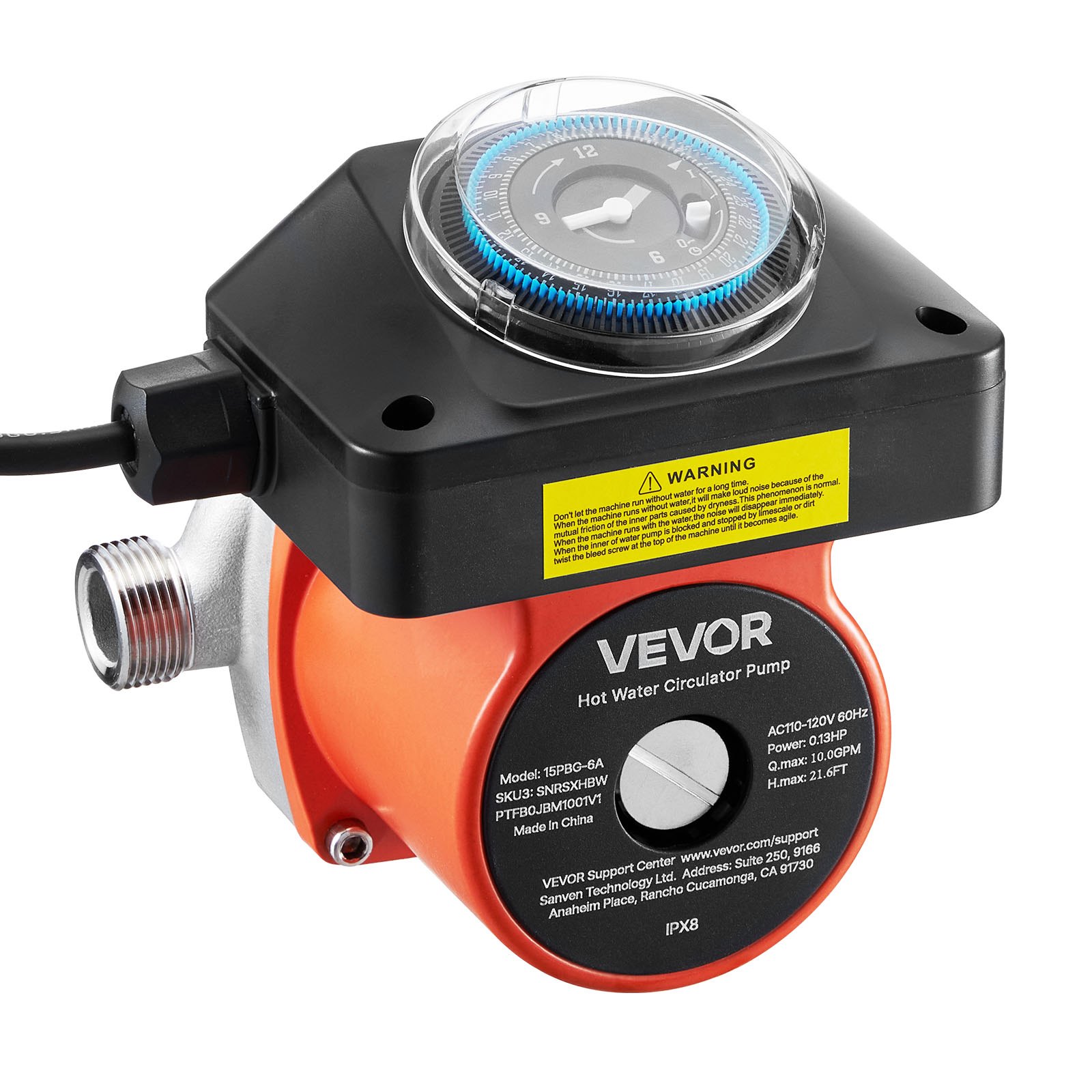 VEVOR Hot Water Recirculating Pump, with Timer, 38 LPM Instant Recirculation Pump Kit, Circulation Circulator System, 100W AC 220-240V, G3/4 in to G1/2 in Connector, for Boiler Solar Water Heater