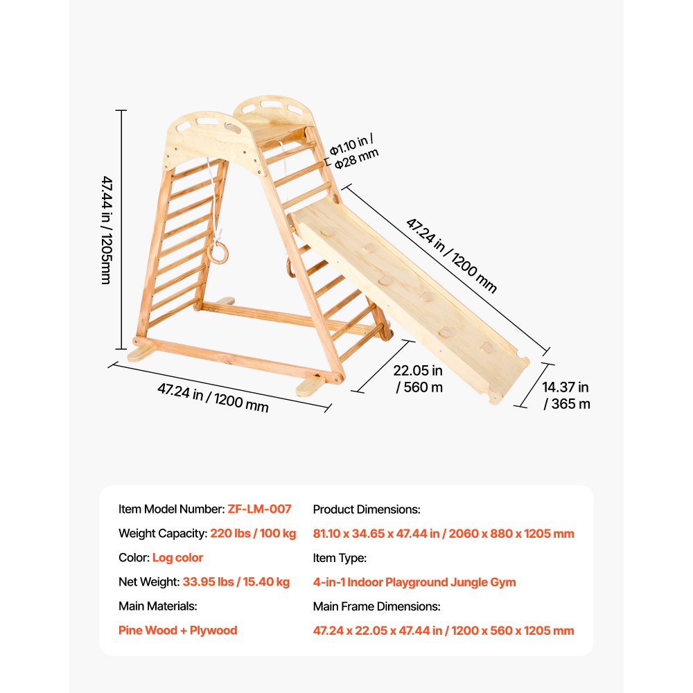 VEVOR Indoor Speeltuin Klimrek Set (4-in-1) gemaakt van hout, draagvermogen 100 kg. Montessori klimspeelgoedset met klimrotsen/glijbaan/houten ladder/gymnastiekringen, houtkleur.