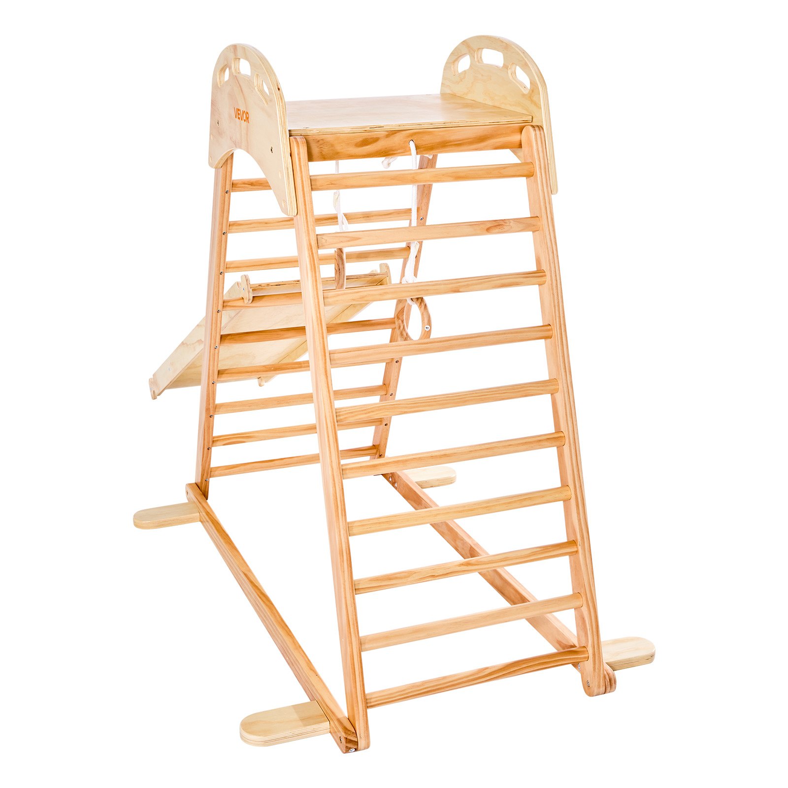 VEVOR Indoor Speeltuin Klimrek Set (4-in-1) gemaakt van hout, draagvermogen 100 kg. Montessori klimspeelgoedset met klimrotsen/glijbaan/houten ladder/gymnastiekringen, houtkleur.