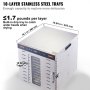 VEVOR 1000W voedseldroger, roestvrij staal, 377 x 285 mm, 10 trays, 360° drogen, voedseldroger, temperatuurregeling, timer van 0,5 tot 48 uur, oververhittingsbeveiliging, receptenboekje voor vlees, fruit en groenten