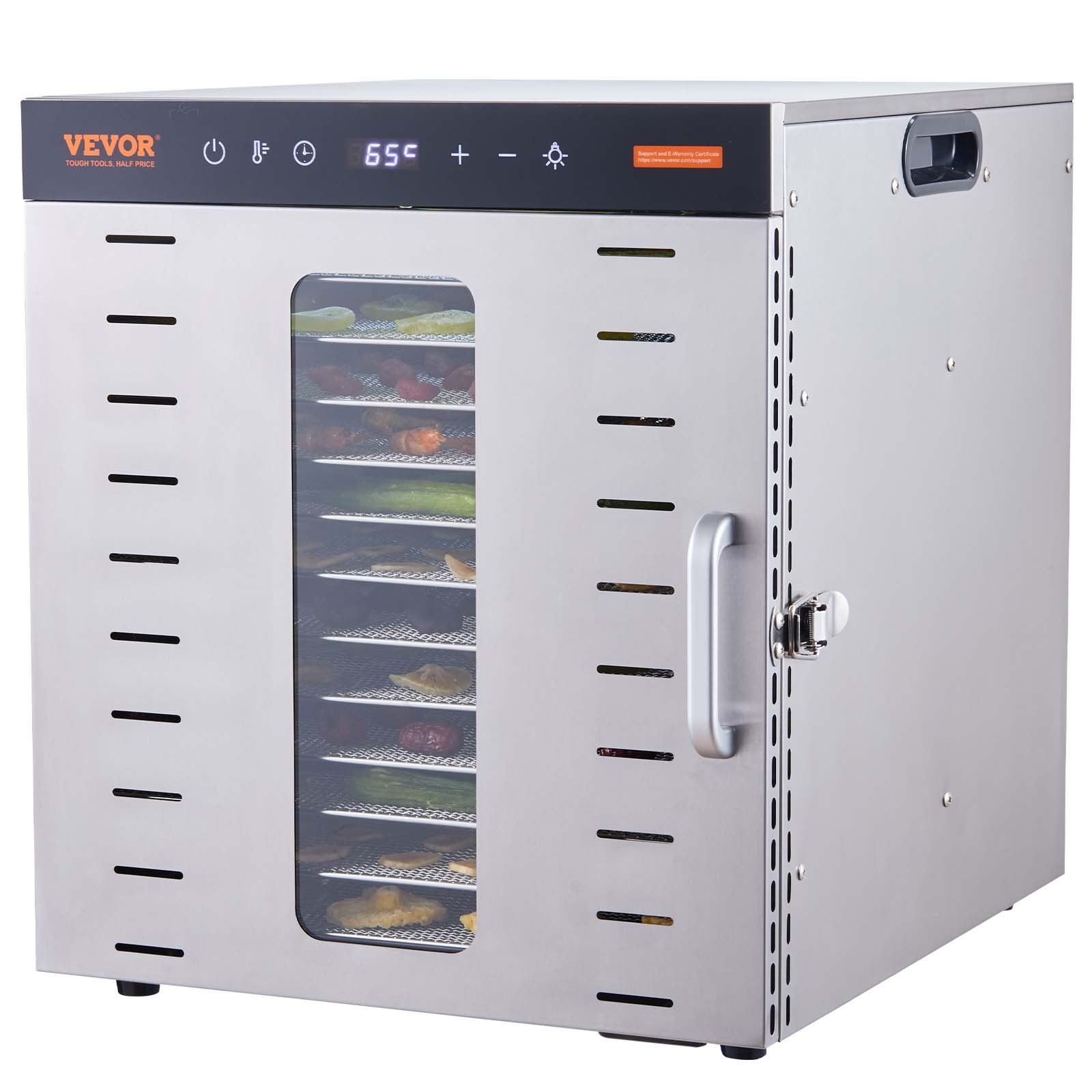 VEVOR 1000W voedseldroger, roestvrij staal, 377 x 285 mm, 10 trays, 360° drogen, voedseldroger, temperatuurregeling, timer van 0,5 tot 48 uur, oververhittingsbeveiliging, receptenboekje voor vlees, fruit en groenten
