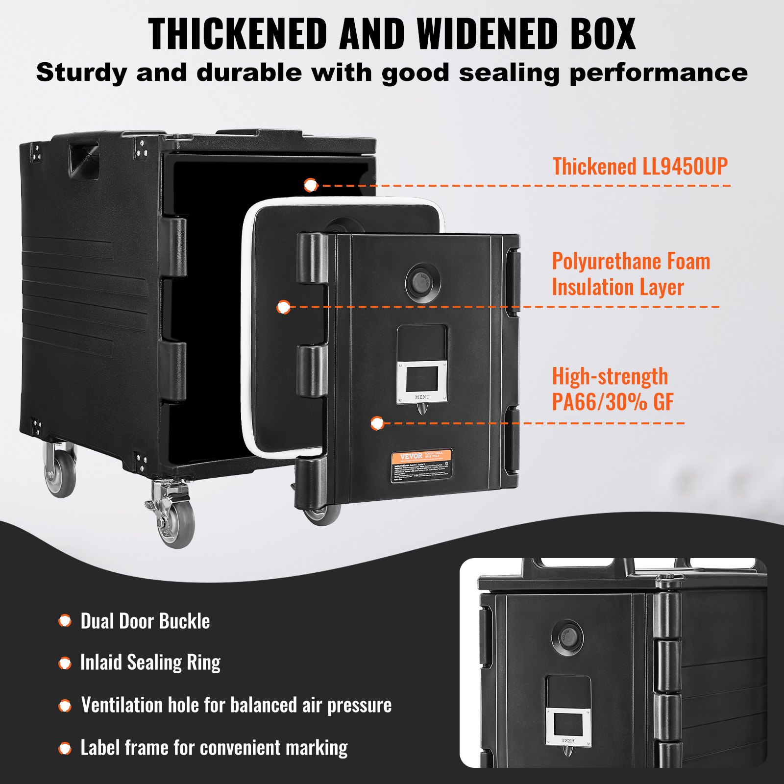 VEVOR Insulated Food Pan Carrier, 95 Qt Hot Box for Catering, Food Box Carrier with Buckle, Front Loading Food Warmer with Handles, End Loader with Wheels for Restaurant, Canteen