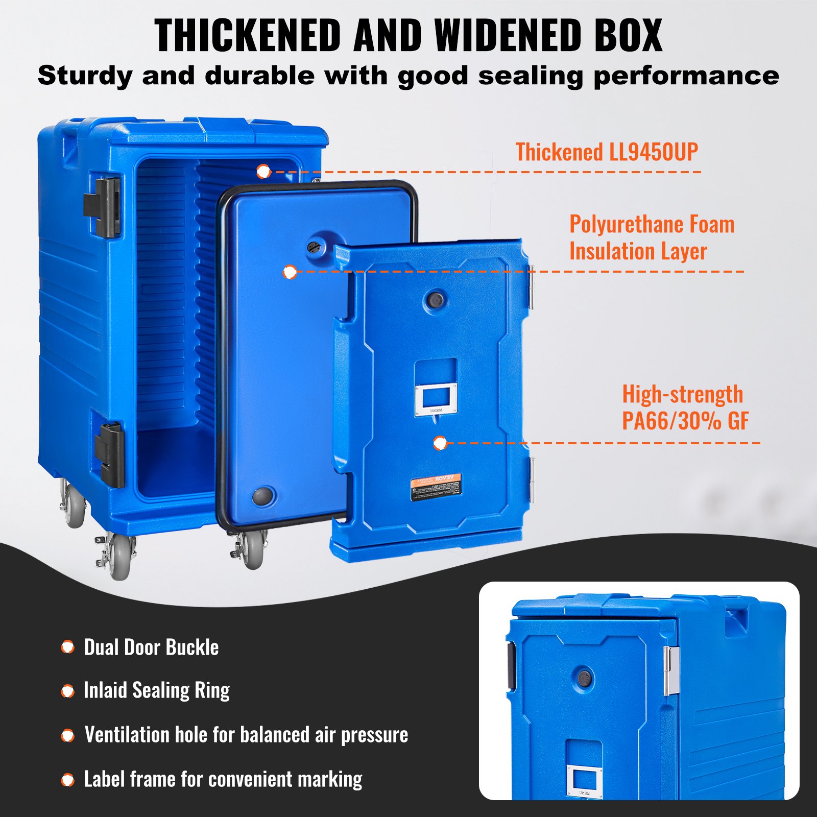 VEVOR Geïsoleerde voedselcontainerdrager, warmhoudbox voor catering, 120 L, voedselcontainer met dubbele gespen en handgrepen, voedselcontainerdrager, voedseltransportbox voor restaurantkantine, blauw
