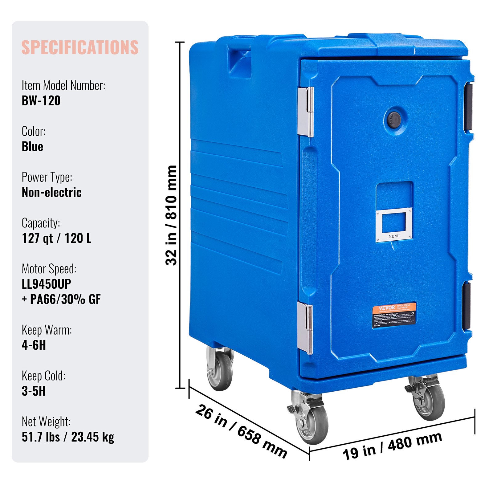 VEVOR Geïsoleerde voedselcontainerdrager, warmhoudbox voor catering, 120 L, voedselcontainer met dubbele gespen en handgrepen, voedselcontainerdrager, voedseltransportbox voor restaurantkantine, blauw
