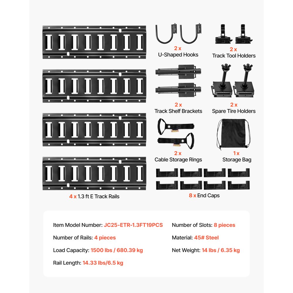 VEVOR E-Track bevestigingsrailset, 4-pack 0,4 m, inclusief 2 U-vormige haken, 2 gereedschapshouders, 2 railplankbeugels, 2 bandenhouders, 2 kabelopbergringen, 8 eindkappen en 1 tas