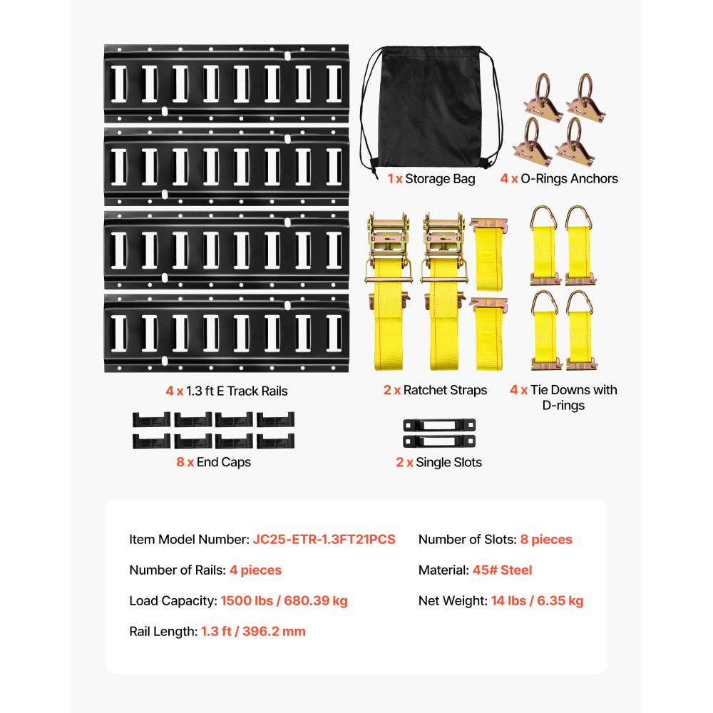 VEVOR E-Track bevestigingsrailset, 4-pack, 0,4 m, 21-delige accessoireset, inclusief 2 ratelriemen, 4 O-ringen, 4 bevestigingsriemen met D-ringen, 2 enkele sleuven, 8 eindkappen en 1 tas, voor garages, auto's en aanhangwagens