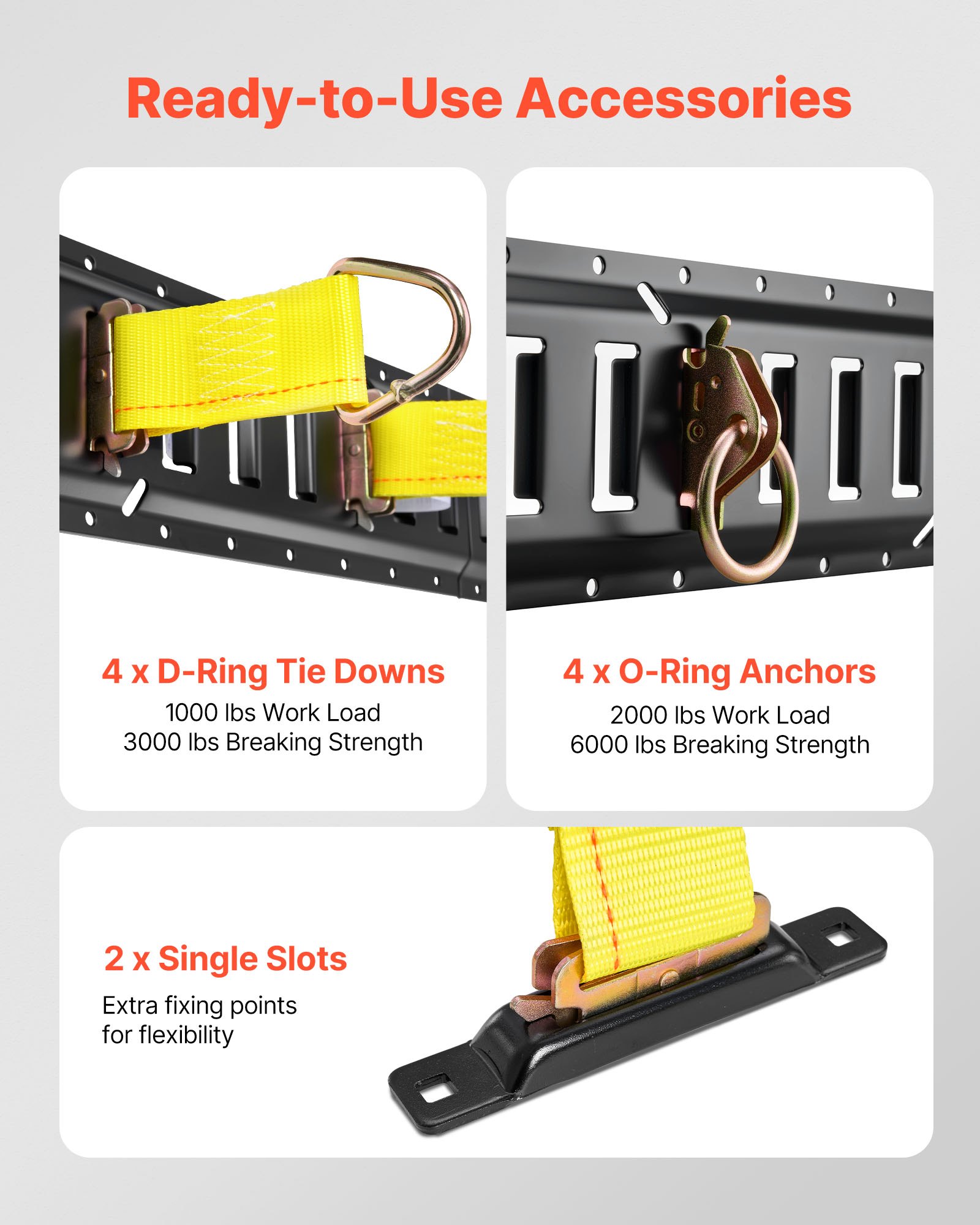 VEVOR E-Track bevestigingsrailset, 4-pack, 0,4 m, 21-delige accessoireset, inclusief 2 ratelriemen, 4 O-ringen, 4 bevestigingsriemen met D-ringen, 2 enkele sleuven, 8 eindkappen en 1 tas, voor garages, auto's en aanhangwagens