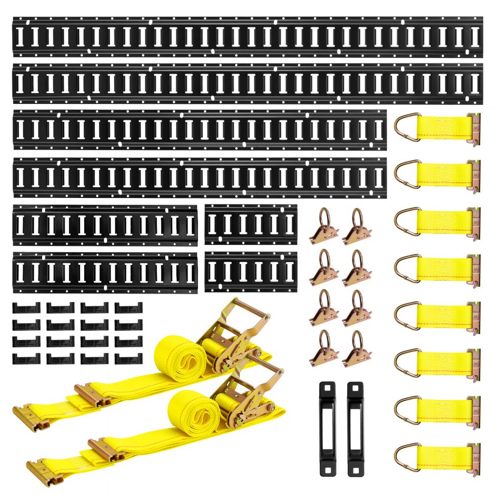 VEVOR E-Track bevestigingsrailset, 8-pack (1,5/1,2/0,6/0,3 m) E-Track-rails, set van 36 stuks, inclusief 2 spanbanden, 8 O-ringen, 8 bevestigingsbanden met D-ringen, 2 enkele sleuven en 16 eindkappen