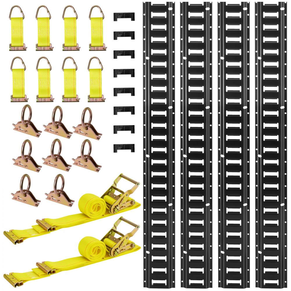VEVOR E-Track Tie-Down Rail Kit, 4 Pack 2.3 m E Track Rails, 26 Pcs Includes 2 Ratchet Straps & 8 O-Rings & 8 Tie-Offs with D-Ring & 8 End Caps, Fit for Garages Vans Trailers Motorcycles
