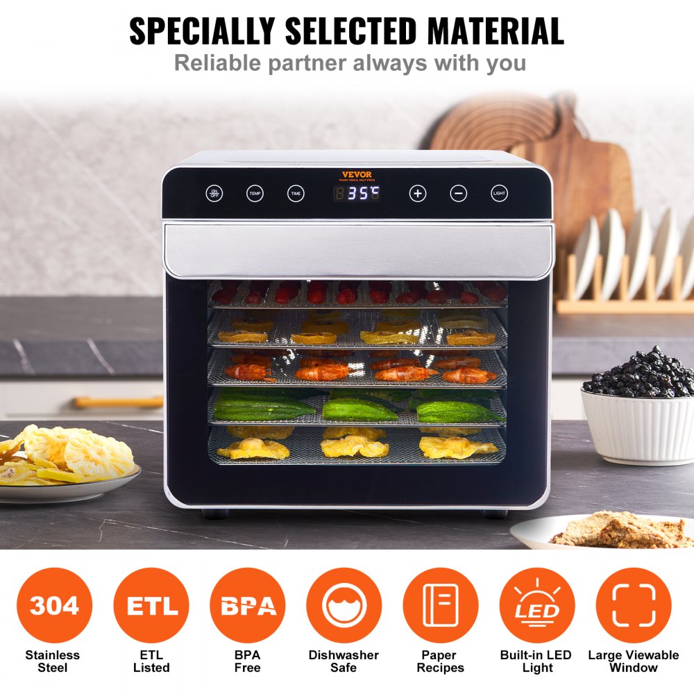VEVOR 700W Food Dehydrator, Stainless Steel, 300 x 280 mm, 6 Trays, 360° Drying, Dehydrator, 35-85°C Temperature Control, 0.5 to 48-Hour Timer, Overheat Protection, Recipe Booklet for Meat, Fruits, Vegetables