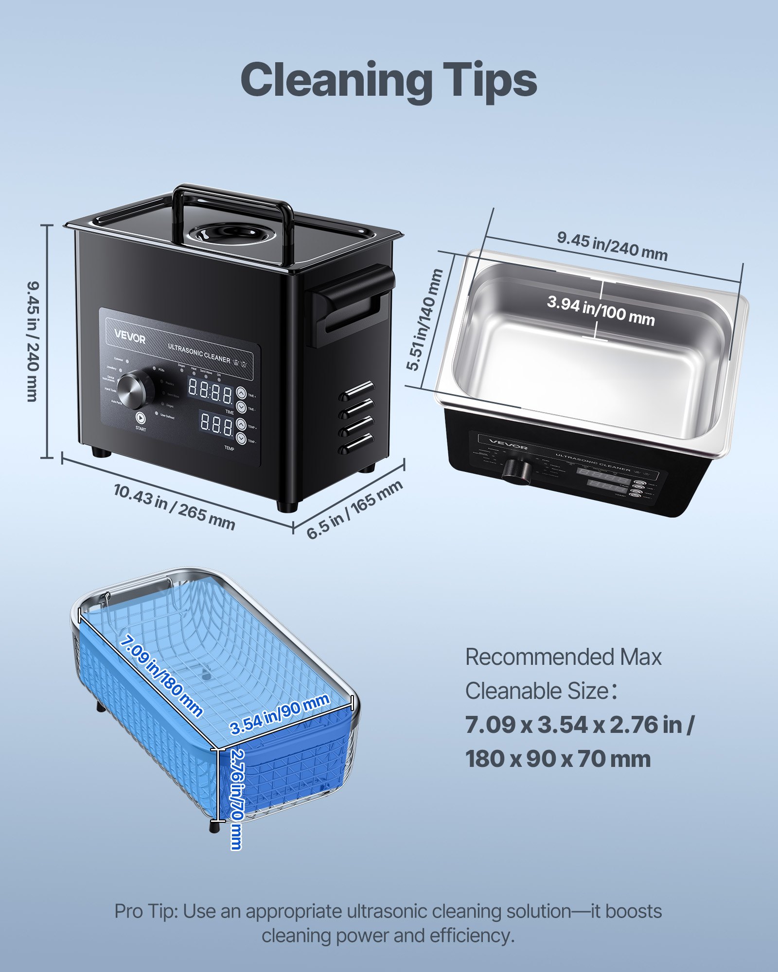 VEVOR ultrasone reiniger, professioneel ultrasoon reinigingsapparaat met draaiknopbediening, 3 liter inhoud, reinigingsapparaat met mandje en reinigingsbal, ultrasone reiniger voor horloges, scheermesjes, sieraden en munten.