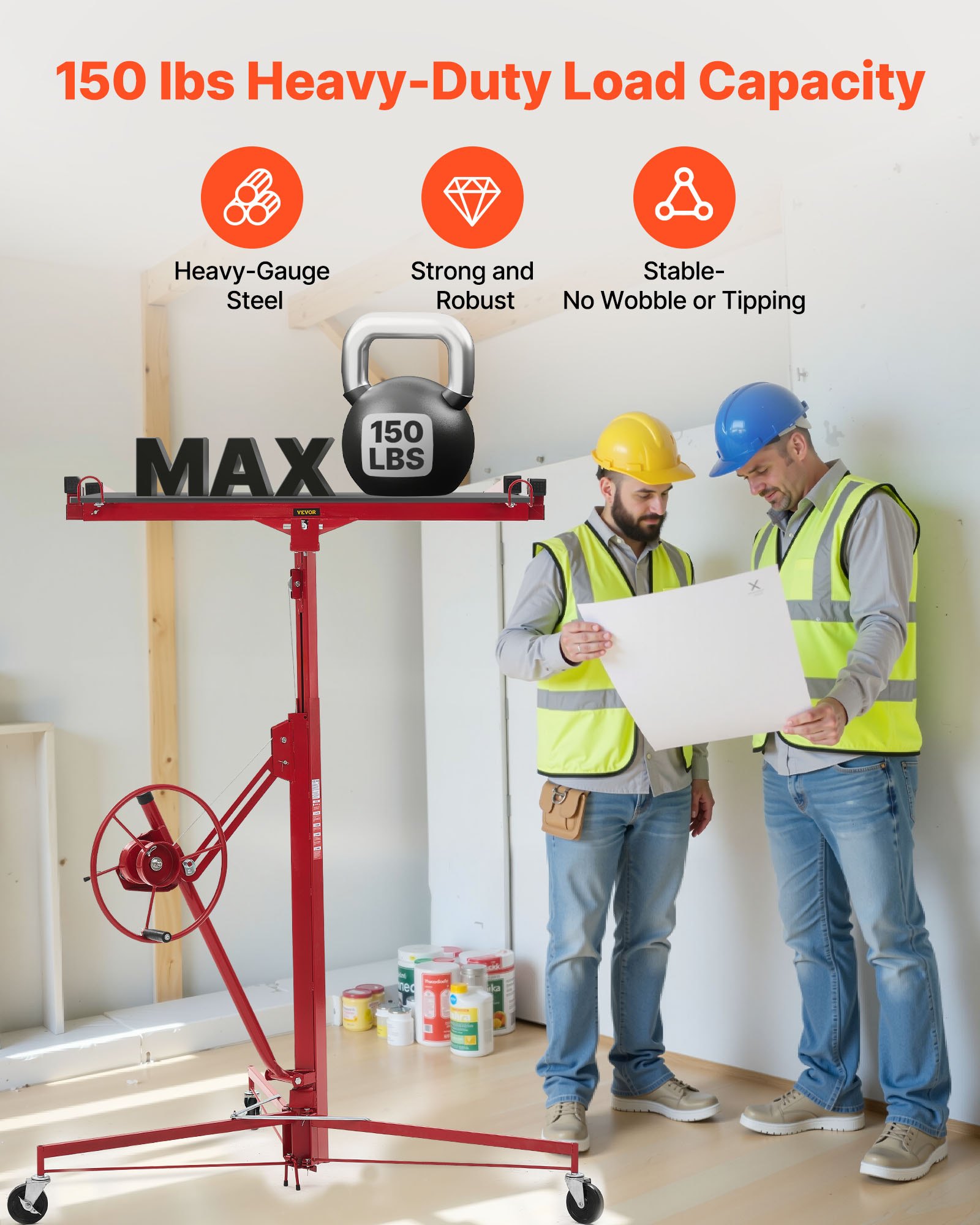 VEVOR paneelheffer tot max. 68 kg, hoogte 3353 mm, gipsplaatheffer met verstelbare telescopische arm, gipsplaatheffer, paneelheffer, hijsapparatuur, gereedschap, voor plafond- en wandmontage (rood)