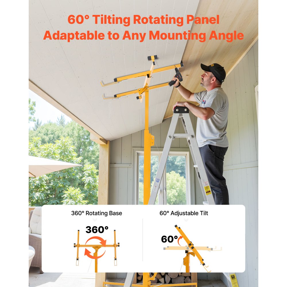 VEVOR 4877 mm Drywall Lift, Heavy-Duty 68 kg Sheetrock Hoist with Adjustable Telescoping Arm, Lockable Wheels, Drywall Lifter Panel Jack Hoist Tools Ideal for Ceiling & Wall Installation (Yellow)