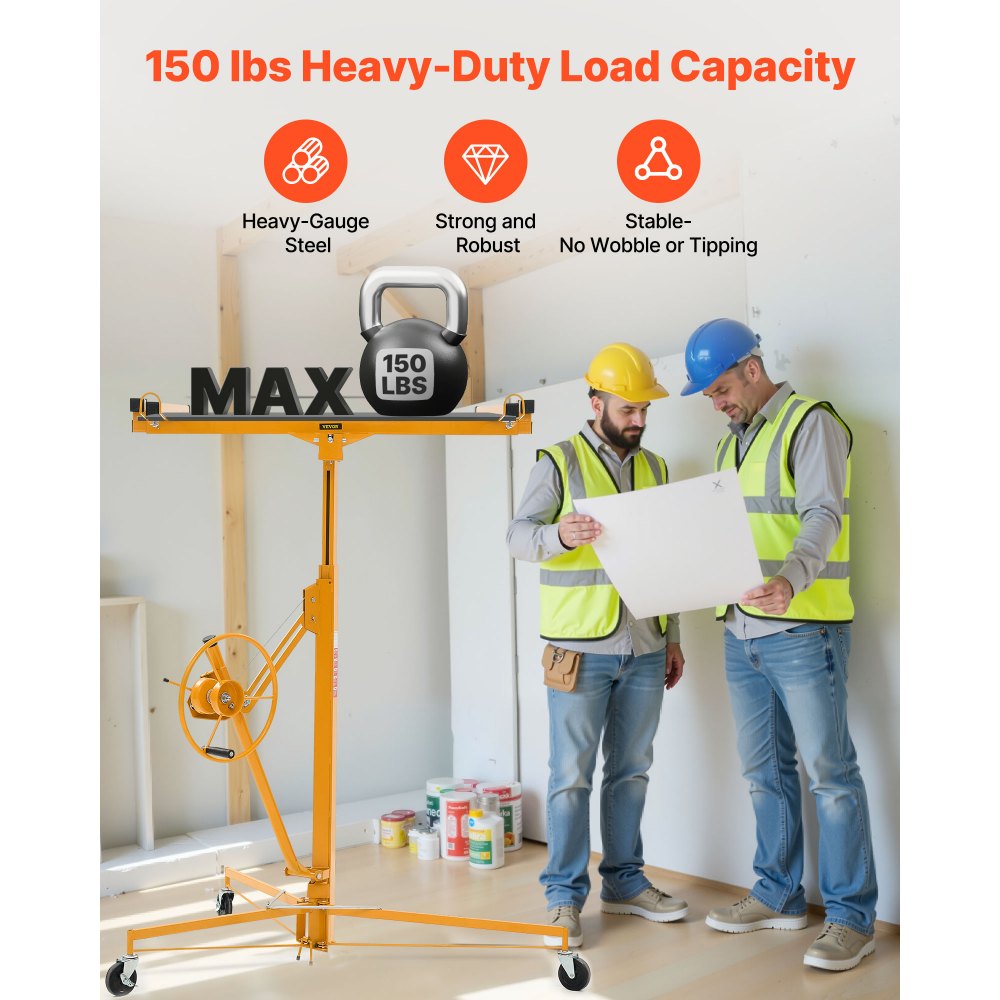 VEVOR 3353mm Drywall Lift, Heavy-Duty 68 kg Sheetrock Hoist with Adjustable Telescoping Arm, Lockable Wheels, Drywall Lifter Panel Jack Hoist Tools Ideal for Ceiling & Wall Installation (Yellow)