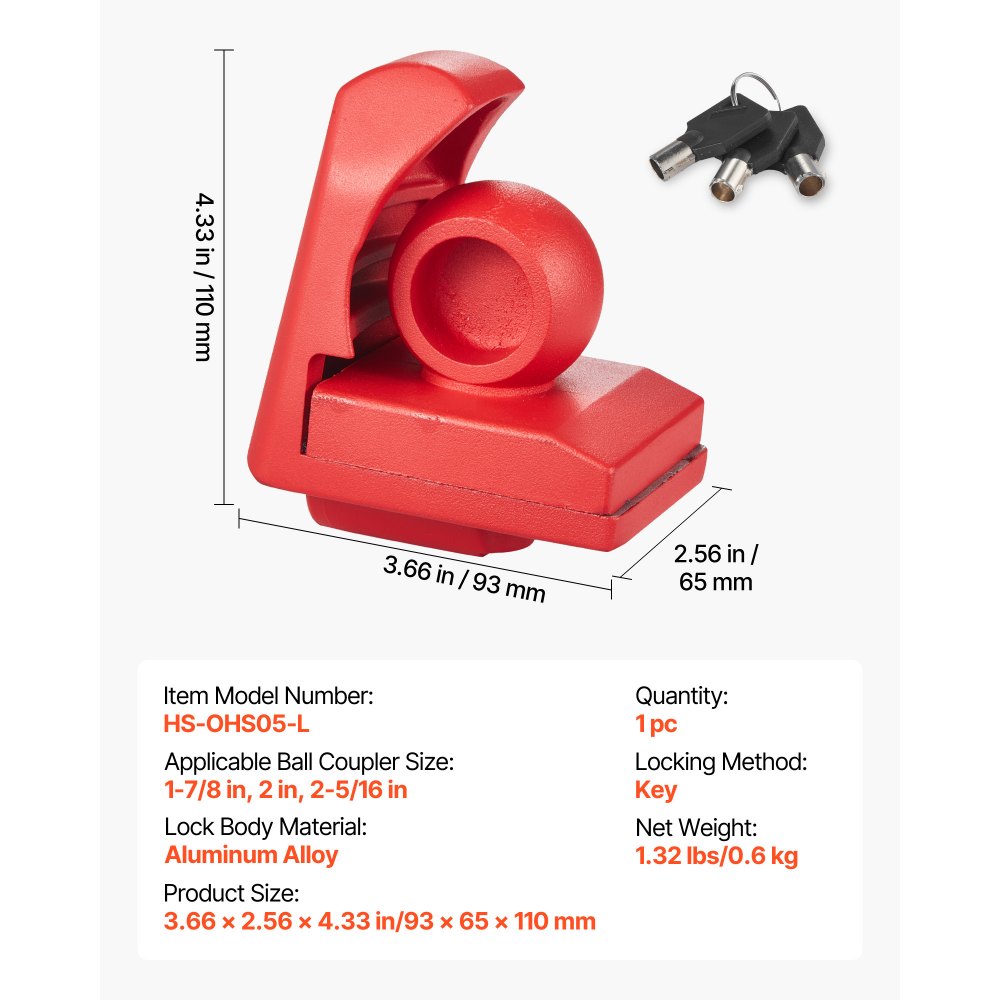 VEVOR aanhangerslot, compatibel met koppelingen van 1-7/8 inch, 2 inch en 2-5/16 inch, antidiefstal kogelslot met 3 sleutels, geschikt voor campers, boten, aanhangers, rood