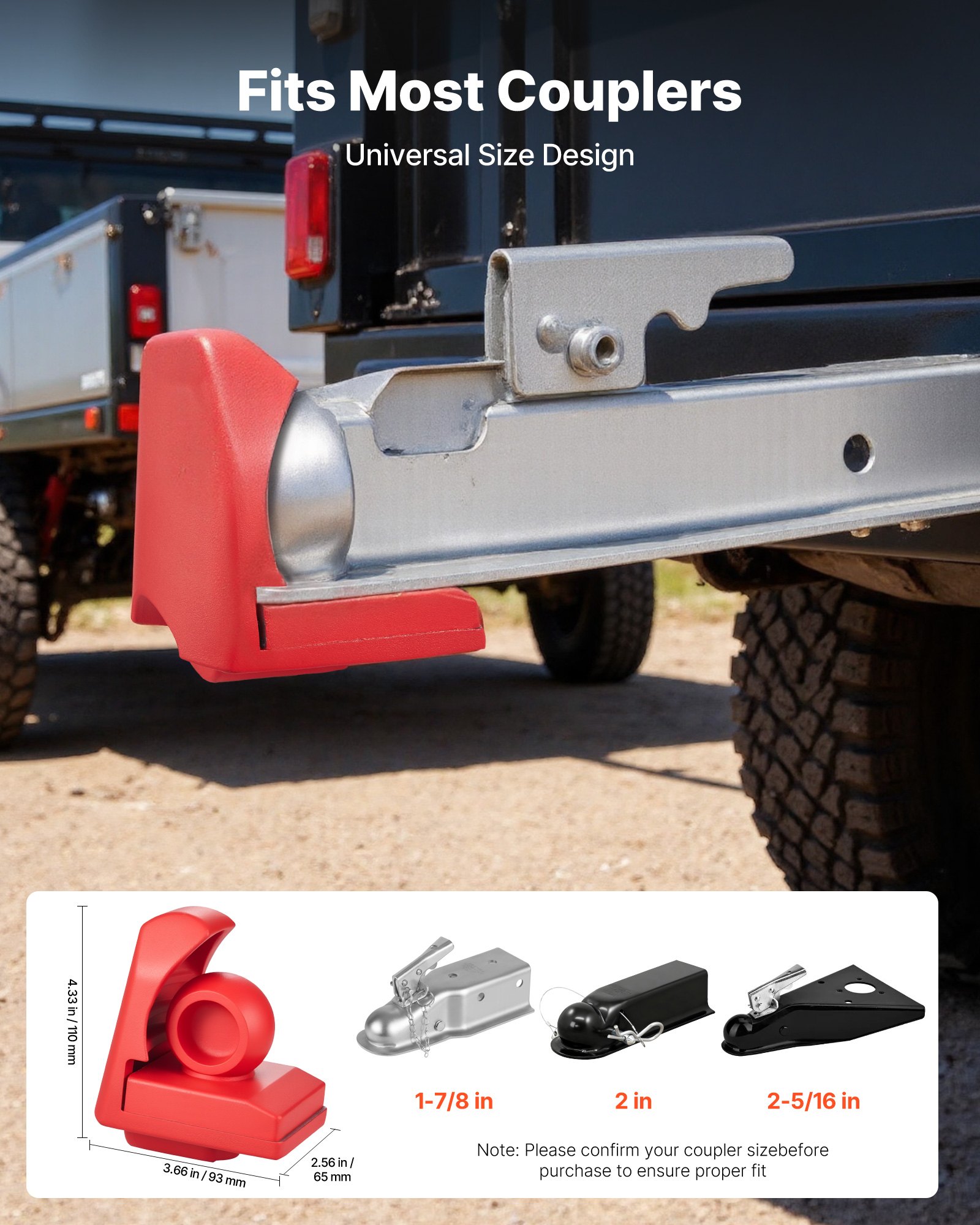 VEVOR aanhangerslot, compatibel met koppelingen van 1-7/8 inch, 2 inch en 2-5/16 inch, antidiefstal kogelslot met 3 sleutels, geschikt voor campers, boten, aanhangers, rood