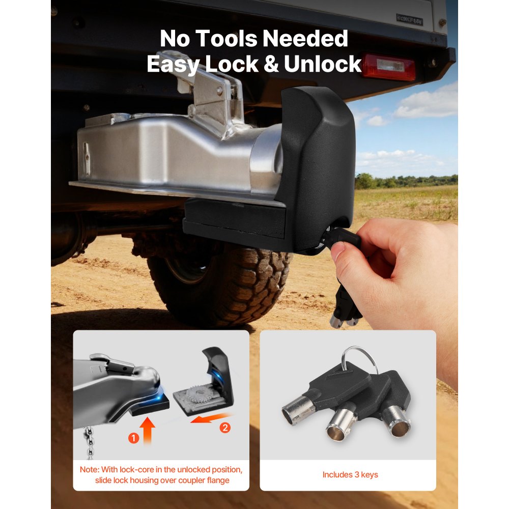 VEVOR Trailer Hitch Lock, Fits for 1-7/8 in, 2 in, 2-5/16 in Couplers, Heavy-Duty Anti-Theft Trailer Ball Lock with 3 Keys, Prying-Resistant & Impact-Resistant, Fits for RVs, Boats, Trailers, Black