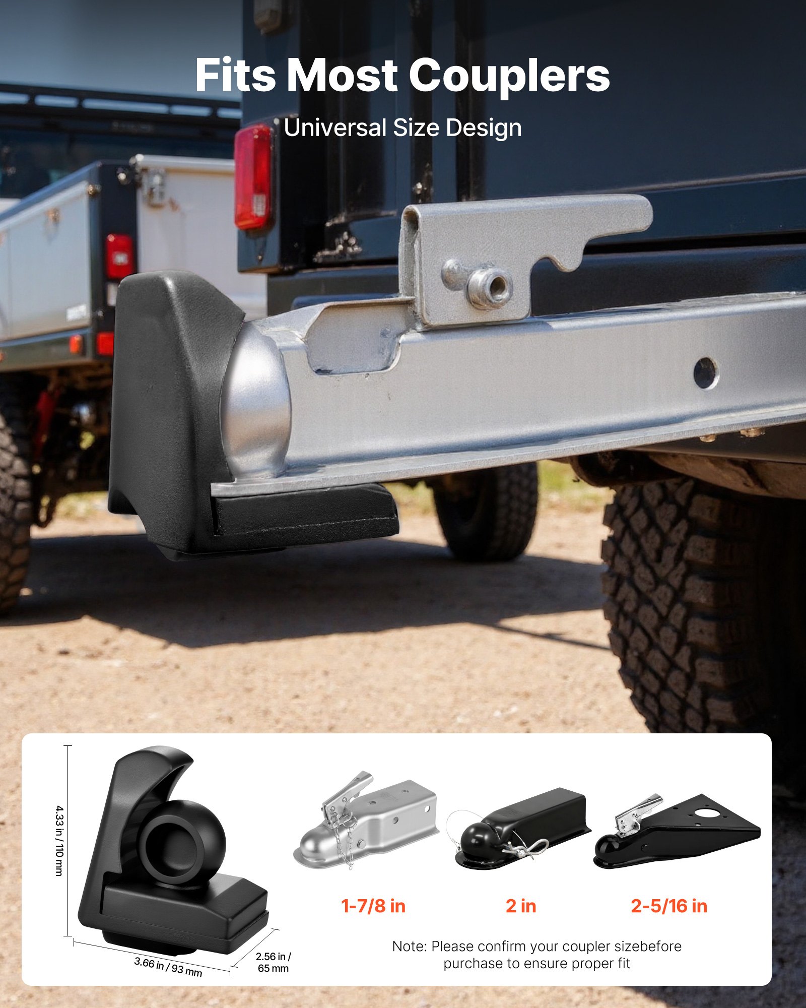 VEVOR Trailer Hitch Lock, Fits for 1-7/8 in, 2 in, 2-5/16 in Couplers, Heavy-Duty Anti-Theft Trailer Ball Lock with 3 Keys, Prying-Resistant & Impact-Resistant, Fits for RVs, Boats, Trailers, Black