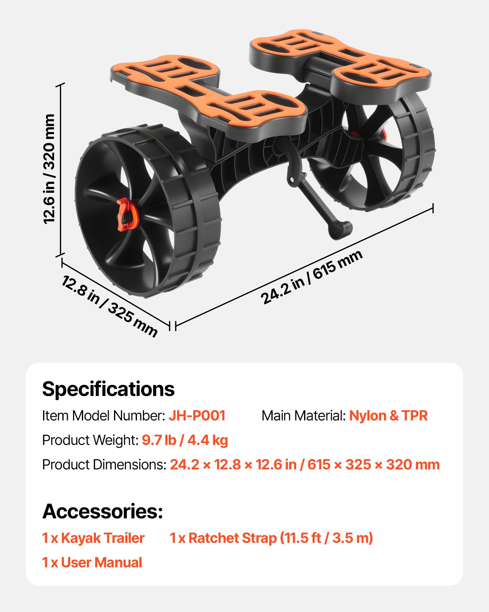 VEVOR Kajakkar, 136 kg, opvouwbare kanokar met 25,4 cm massieve rubberen banden en 1 ratelband, bootkar voor het vervoeren van kajaks, kano's, paddleboards, Jon Boats, watersportuitrusting, 615 x 325 x 320 mm