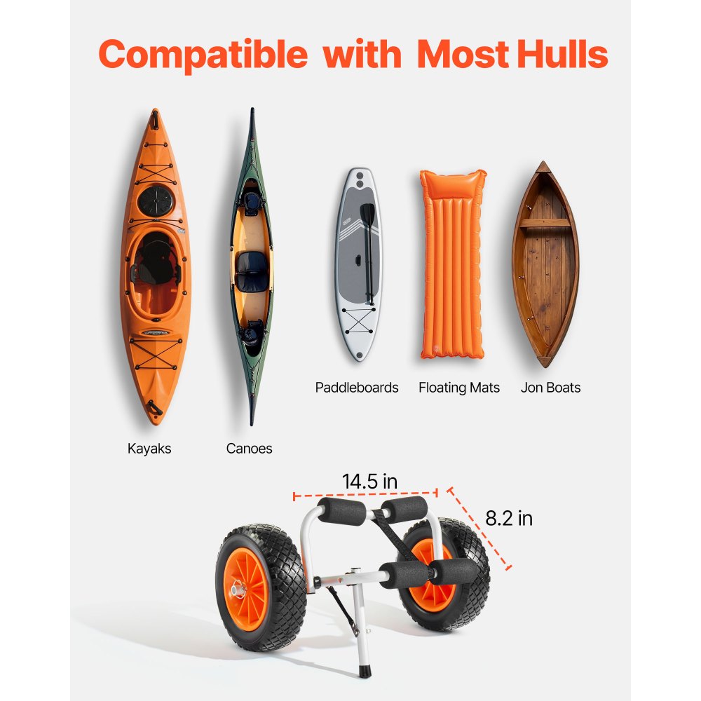 VEVOR Kajak Trolley, 90 kg, Opvouwbare kano-trolley met 25,4 cm massieve rubberen banden en 1 ratelband, Boot-trolley voor het vervoeren van kajaks, kano's, paddleboards, Jon Boats, 620x350x325 mm