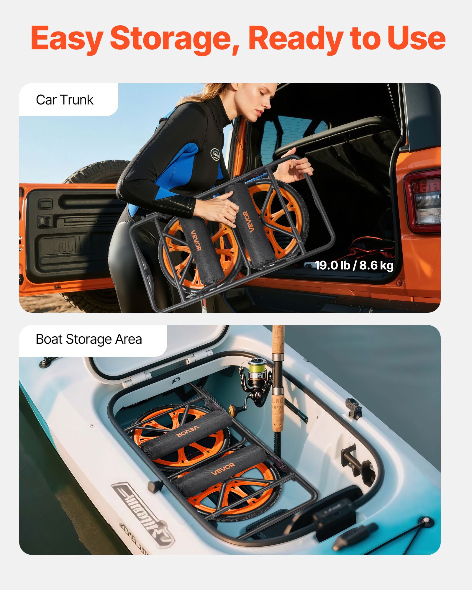 VEVOR Kajakkar, 150 kg, kanokar met 38,1 cm massieve rubberen banden en spanband, bootkar voor het vervoeren van kajaks, kano's, paddleboards, Jon Boats, watersportuitrusting, 770 x 495 x 425 mm