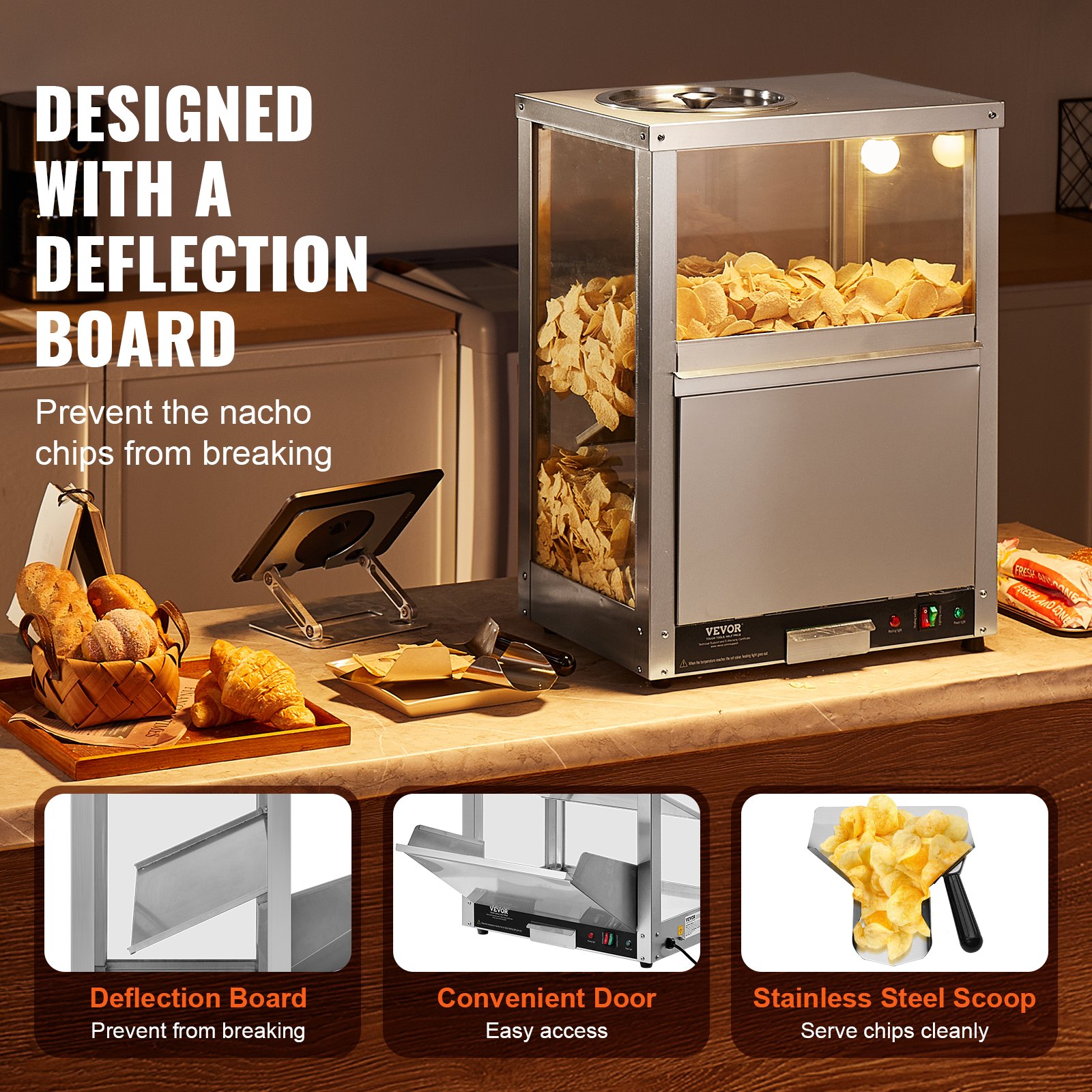 VEVOR Commerciële Nacho Chip Warmer, 80L Chip Warmer Machine met Verwarmingsbasis en Verwarmingslampje, Nacho Machine met Baffle Board, Roestvrij Staal, voor Nacho Chips, Popcorn, Chips, Pinda's