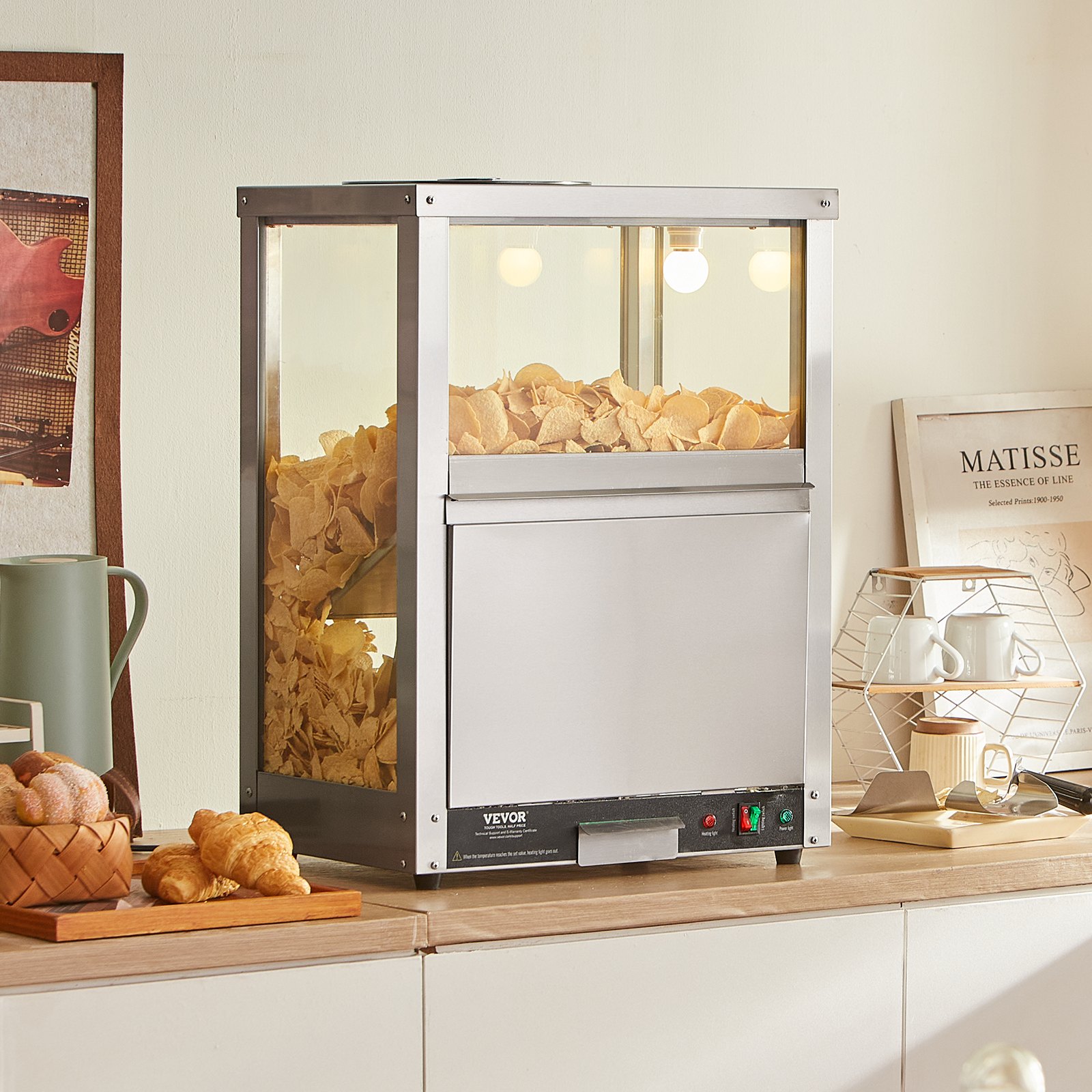 VEVOR Commerciële Nacho Chip Warmer, 80L Chip Warmer Machine met Verwarmingsbasis en Verwarmingslampje, Nacho Machine met Baffle Board, Roestvrij Staal, voor Nacho Chips, Popcorn, Chips, Pinda's