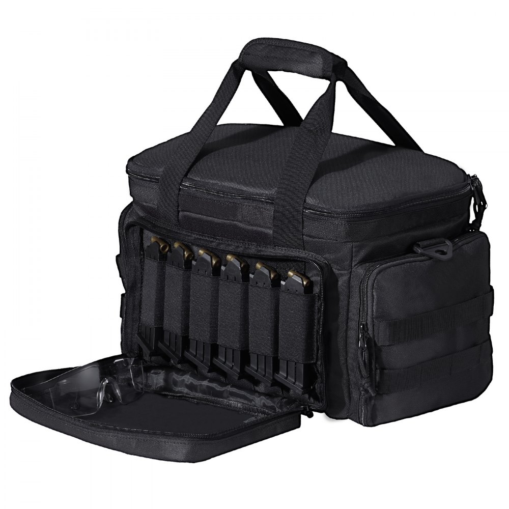 VEVOR Range Bag for 4 Pistols, Tactical Gun Range Bag with 3 Detachable Baffles & 6 Magazines, Firearm Shooting Handgun Bag for Outdoor Hunting Shooting Pistol Bag with Single Shoulder Strip, Black