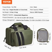 VEVOR Range Bag for 2 Pistols Tactical Gun Bag 2 Built-in Pistol Bags Green