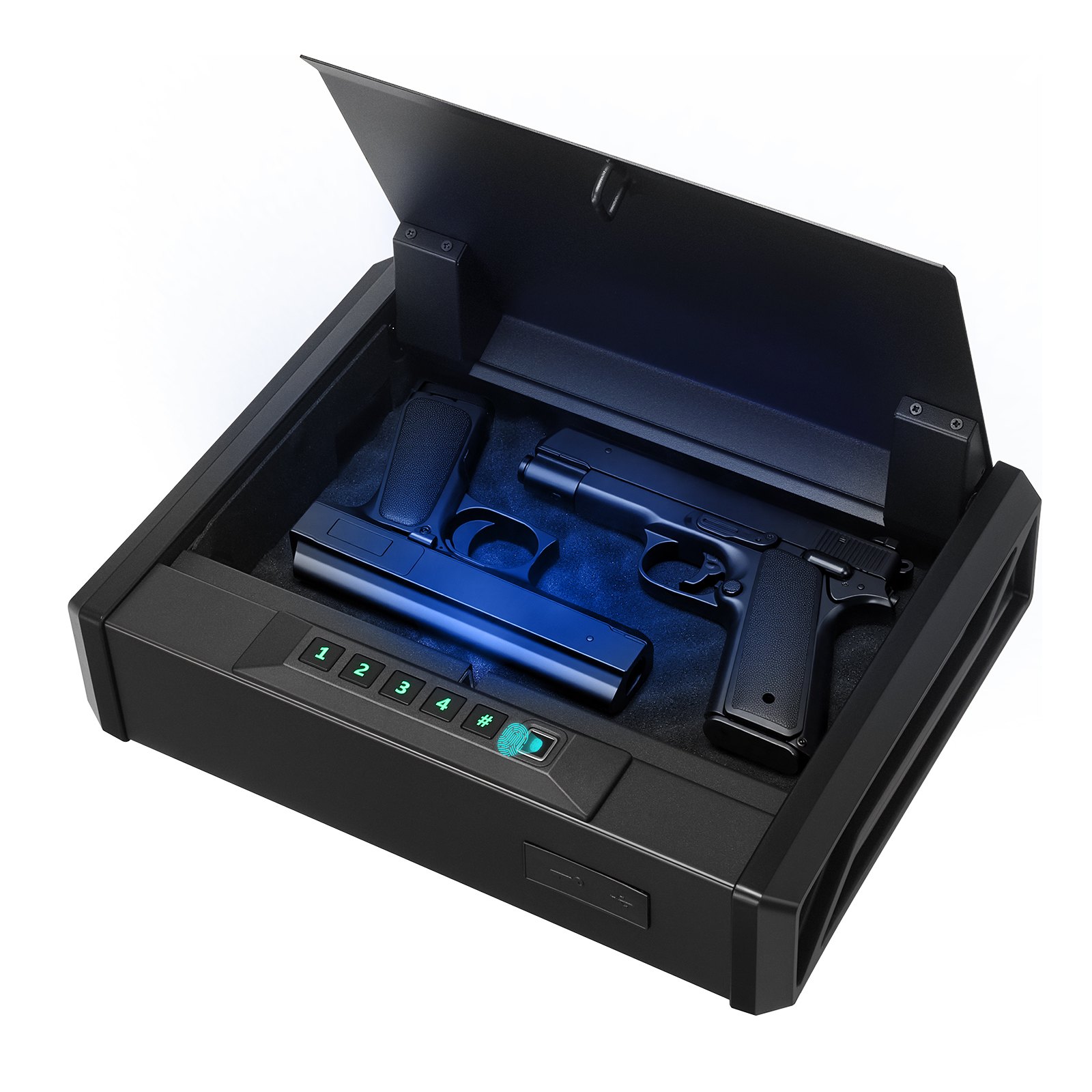 VEVOR Wapenkluis, Pistoolkluis met vingerafdruk/wachtwoord (viercijferige code)/sleutel, Wapenkoffer met verlichting voor 2 pistolen en 2 magazijnen, 360 x 275 x 90 mm