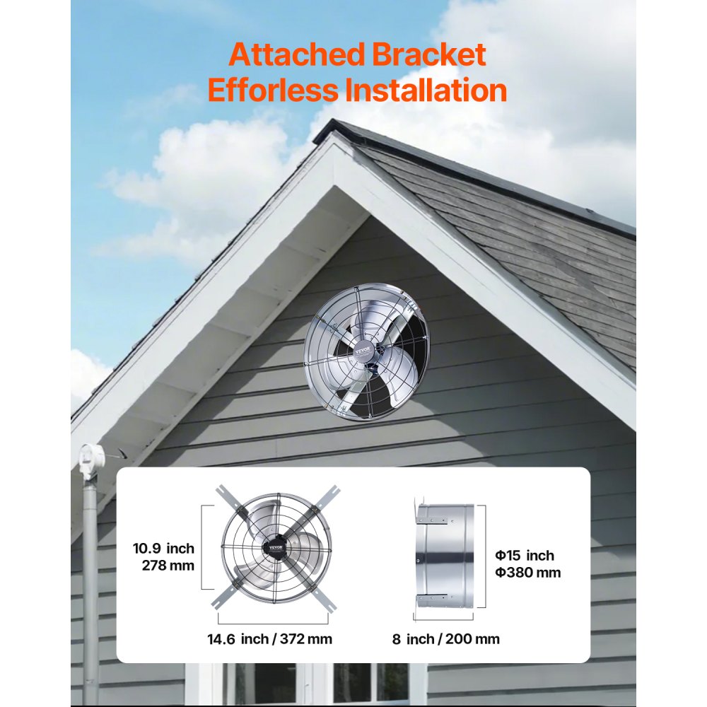 VEVOR Gable Mount Fan, 15 Inch Attic Exhaust Fan with Adjustable Thermostat & Outer Mesh, 1300 CFM House Ventilator Cools Up to 1850 Sq.Ft, Quiet Ventilation for Roof, Garage & Shop, Galvanized Color